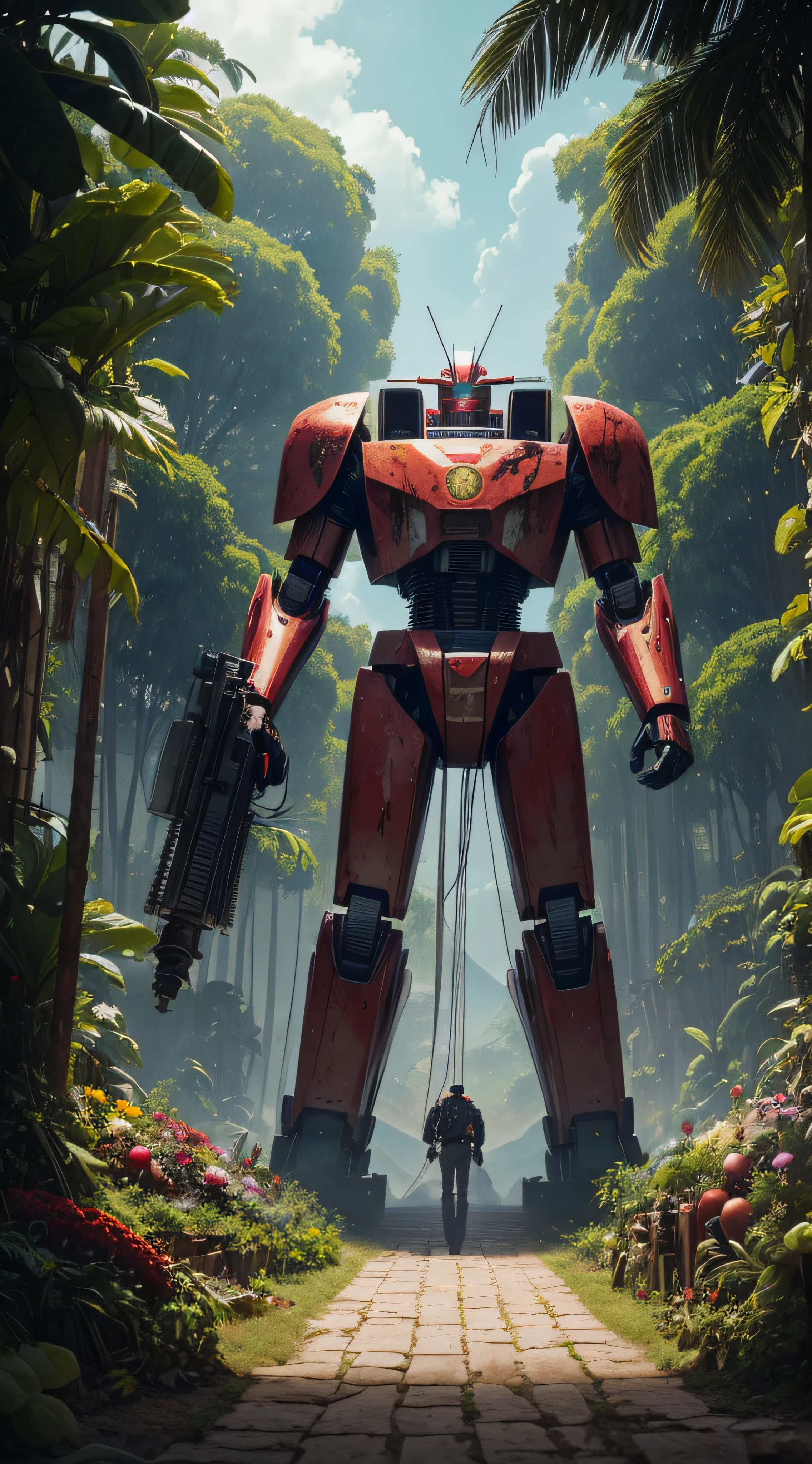 (extremadamente detallado, obra maestra, La mejor calidad, foto antigua, principios de siglo, VHS Aesthetics) Great retro robot with blood in robotic hands. cannons on his back. In the middle of a strange jungle. Vegetables from another dimension. Epic flowers far away, organic trees with meat. Light Volumetric