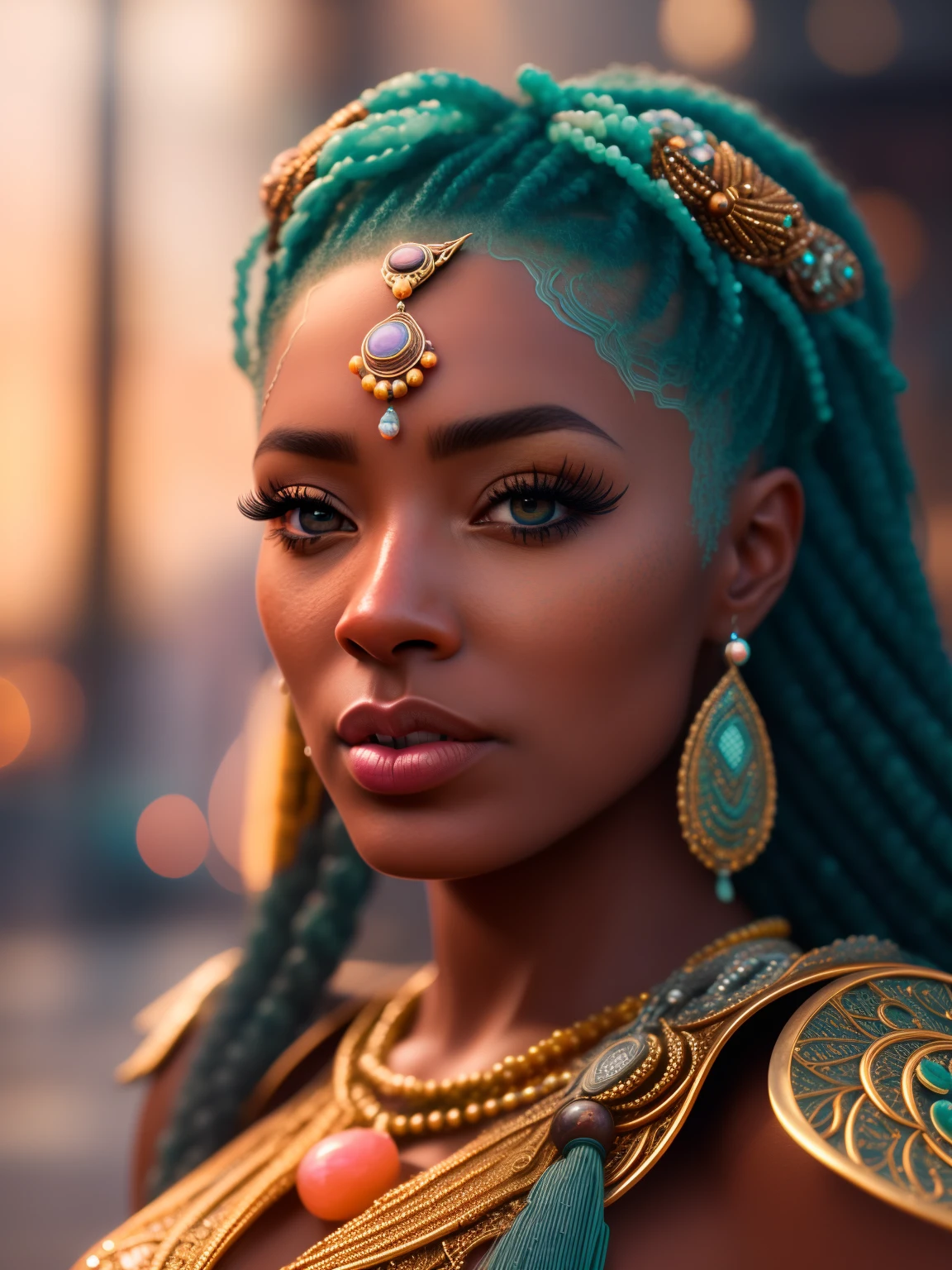 hyper realistic, ultra realistic photograph of an African American barbarian woman, face looks like Naomi Campbell, ((honey eyes)), ((Jade ocean:1.25)), bronze jewelry, shiny, mysterious, sunlight fractal details, (Anna Steinbauer:1.5), depth of field, HOF, hall of fame, detailed insanely gorgeous face, futuristic environment, natural body posture, professional photographer, captured with professional DSLR camera, trending on Artstation, 8K, ultra detailed, ultra accurate detailed, cinematic lighting, Thomas Kinkade background, urban, ultra unreal engine, ((Pauline Voß)), ((Pascal Quidault)), ((Anna Helme)), Martina Fackova, intricate, epic, freckles, peach fuzz, detailed mascara