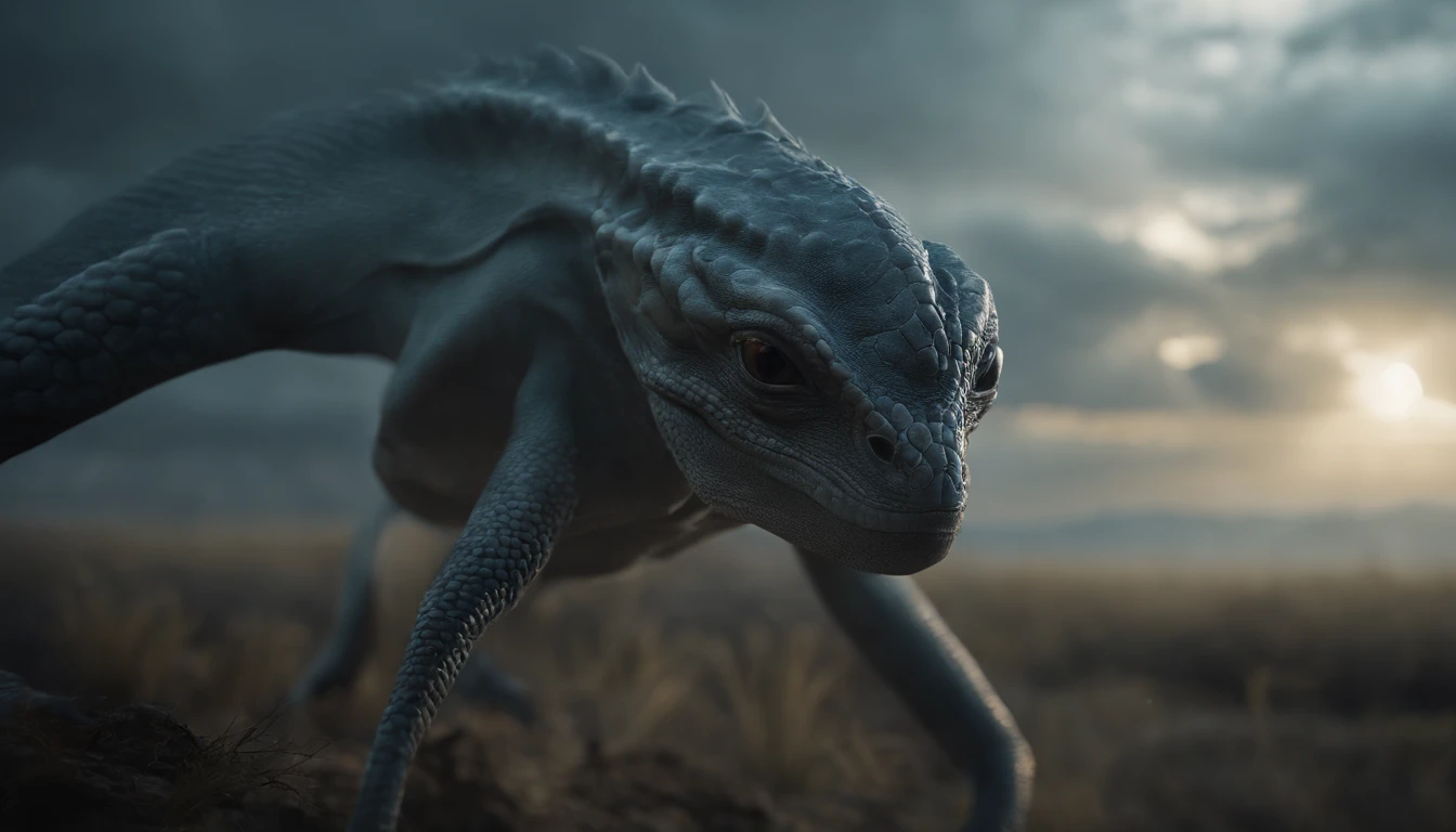 Ethereal alien creature with bluish-gray skin,中景 the scene is,cuerpo completo como,VFX surrealista altamente detallado 16K,OC renderizado,Camera shooting with 70mm - AR 16:9 --q 2 --s 1000. Cinnamatographic lighting, en el campo, se comunican con el espacio exterior y otros planetas, mira hacia el cielo, ojos grandes reflejan el paisaje opuesto, cinematiclight, Dramatic image photorealistic rendered at 16K, ser extraterrestre, noble, bueno, gentil, inteligente, NO son reptiles, retrato primer plano con alto nivel de detalle. Cuerpos delgados y estilizados, posturas esveltas, muy intelijentes, nobles y condescendientes, habituados a este planeta tierra
