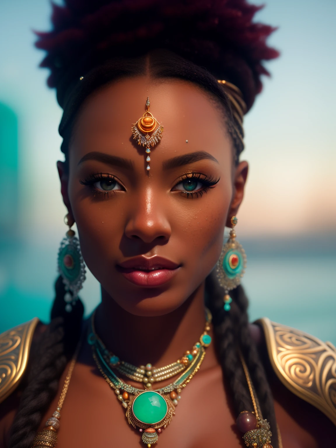 hyper realistic, ultra realistic photograph of an African American barbarian woman, face looks like Naomi Campbell, ((honey eyes)), ((Jade ocean:1.25)), bronze jewelry, shiny, mysterious, sunlight fractal details, (Anna Steinbauer:1.5), depth of field, HOF, hall of fame, detailed insanely gorgeous face, futuristic environment, natural body posture, professional photographer, captured with professional DSLR camera, trending on Artstation, 8K, ultra detailed, ultra accurate detailed, cinematic lighting, Thomas Kinkade background, urban, ultra unreal engine, ((Pauline Voß)), ((Pascal Quidault)), ((Anna Helme)), Martina Fackova, intricate, epic, freckles, peach fuzz, detailed mascara