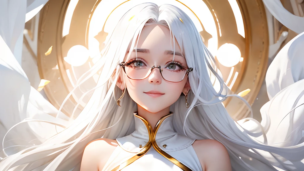 Best quality, White hair, Gold eyes, White clothes, Looking up, Upper body, Hairline, Fair skin, Smiling, eye glass, Throw money