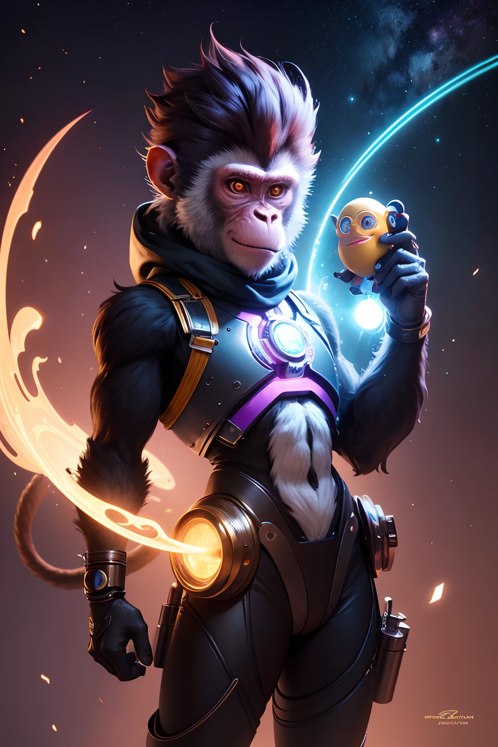 A male monkey,,magical,,Anthropomorphic,Upper body length,Short legs, Wear a futuristic machine,Carry mechanical weapons, The background is a colorful universe. pixar animation, Funky blind box, OC Render, Ray traching, High quality, High detail, high resolution, 8K, bust size