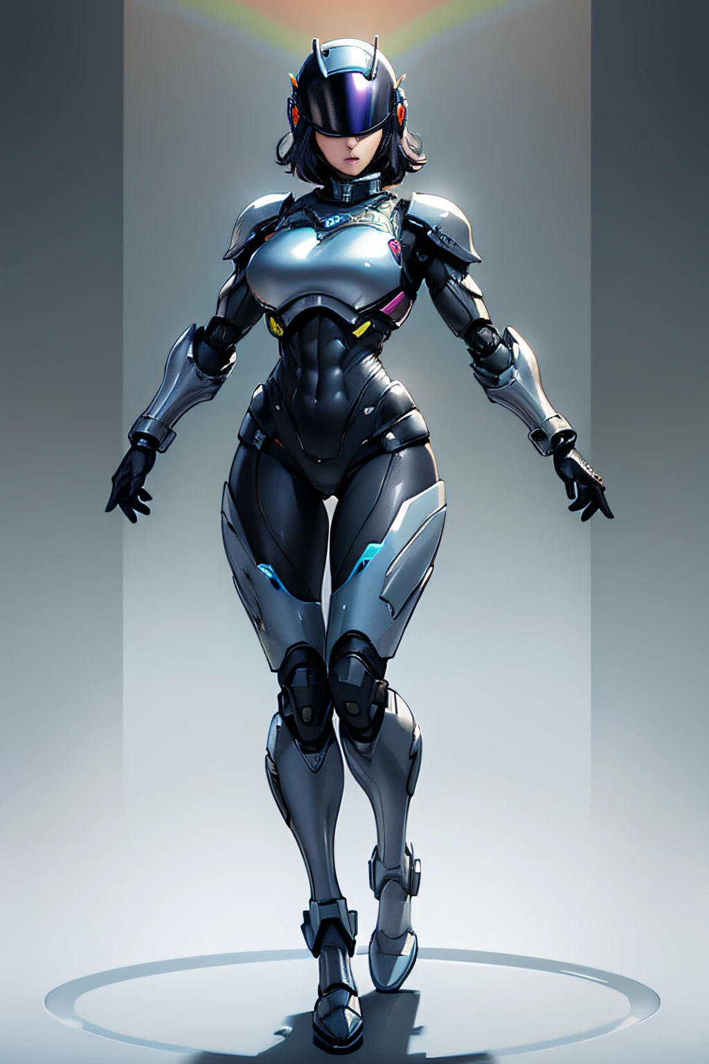 arafe female robocop integral、Big breasts about to burst、full body armored、Rainbow Armor、thin and long legs,、Fitness Body Shape、Helmet with visor to cover the eye area、Pose ready to fight、Bust-up images