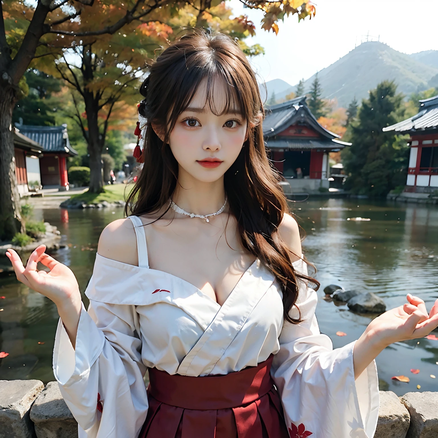 (masutepiece:1.3, Photorealsitic:1.4, 8K), top-quality, masterpiece, 超A high resolution, Perfect dynamic composition, Professional camera work, Grow Light Effect, Realistic portrait, Cinematic Light, Highly detailed skin and facial texture:1.3, The ultra-detailliert, A detailed eye, Detailed limbs, autumnal, Autumn leaves landscape in the evening:1.25, 1girl in, Cute sexy 23 year old slim woman, Fair skin, Autumn leaves are dancing:1.25, (Enraptured look:0.9, Totally captivates you:1.0), (Red kimono:1.31 Only shoulders and scapula exposed), (Backshots, Calm pose), (voluptuous breasts:0.9), (Beautiful blue eyes, Eyes that feel beautiful eros:0.85), Sexy face:0.4, (A mouthfeel that feels beautiful eros:0.85), ((Too cute beauty:0.9))
