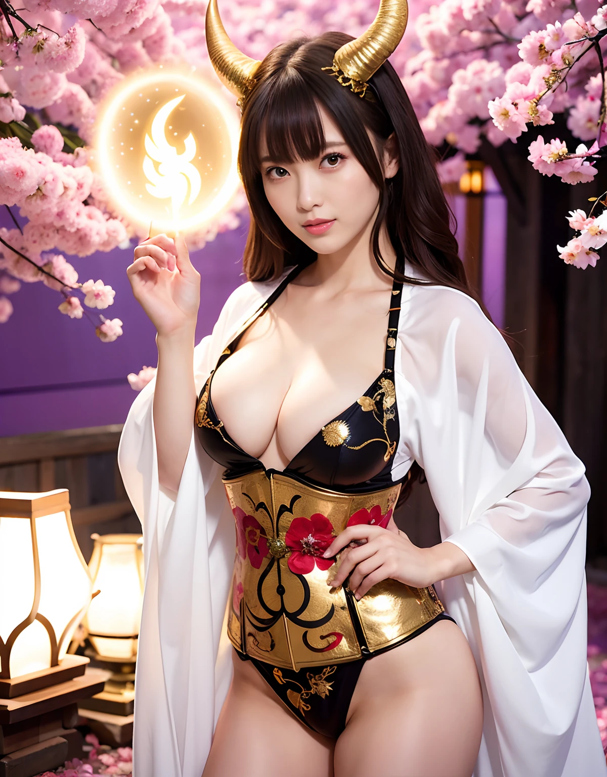 ((World of Darkness)),Professional , masterpiece、top-quality、photos realistic , depth of fields 、(sexypose)、(Background of cherry blossoms in full bloom),(Ultimate Beauty)、A dark-haired、(White bikini armor)、(Kimono with beautiful pattern)、(Night background)、((Wearing a skeleton helmet)),(Wear a beautiful kimono),(Wear a beautiful kimono with colorful floral patterns)、Jewel Gold Weapon、Particles of light),(Has a devil's mask)、Gorgeous gold weapons ,Skeleton population、(( Gorgeous Dragon Sword)) , (a dark night),,(maikurobikini) 、((Black Haired Beautiful Girl))、(Castle background)、(demonic wings)、((Gangle's forest background))、Beautiful Caucasian beauty、1a person、dynamic ungle,(((Two devil's horns on the head)))、Smaller head、Idle Smile、Thin and beautiful female hands、Mystical expression、Light Effects、intense fighting、Wind-effect、magic circles、With the legendary magic wand、Dragon's tail、
