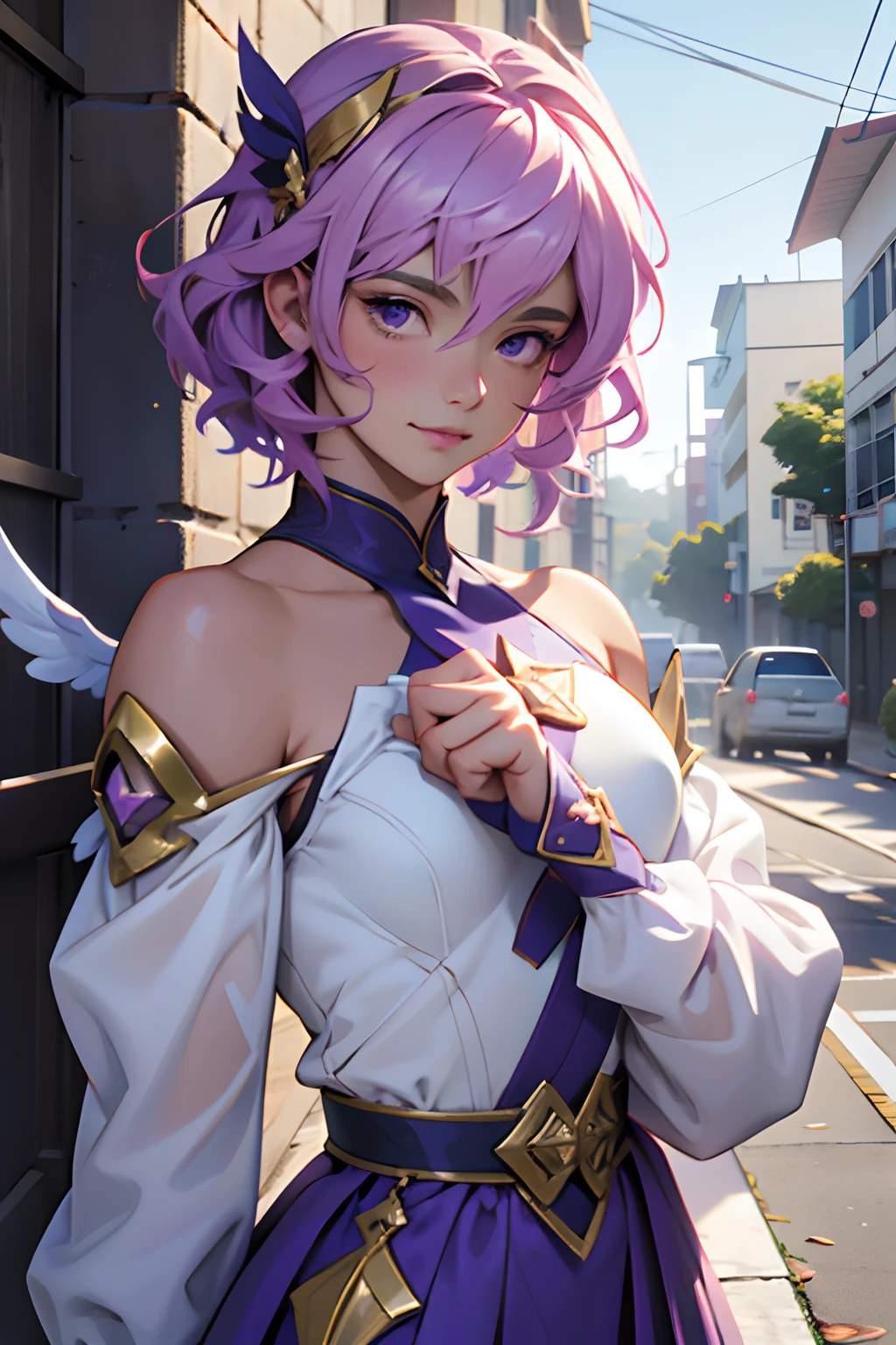 A young magical girl with short, curly hair, cabelos de cor roxa com mechas rosa pastel, wearing a magical starkeeper style outfit with roses, white and purple girly jester-themed clothing, roxa e dourada, em uma escola japonesa a noite, Lovely young man, bonita, perfect hands, rosto detalhado, rosto perfeito, Hands Held, detailed hands, tedência artstation, corpo esguio, jovem bonita com asas de cupido, no mutante fingers