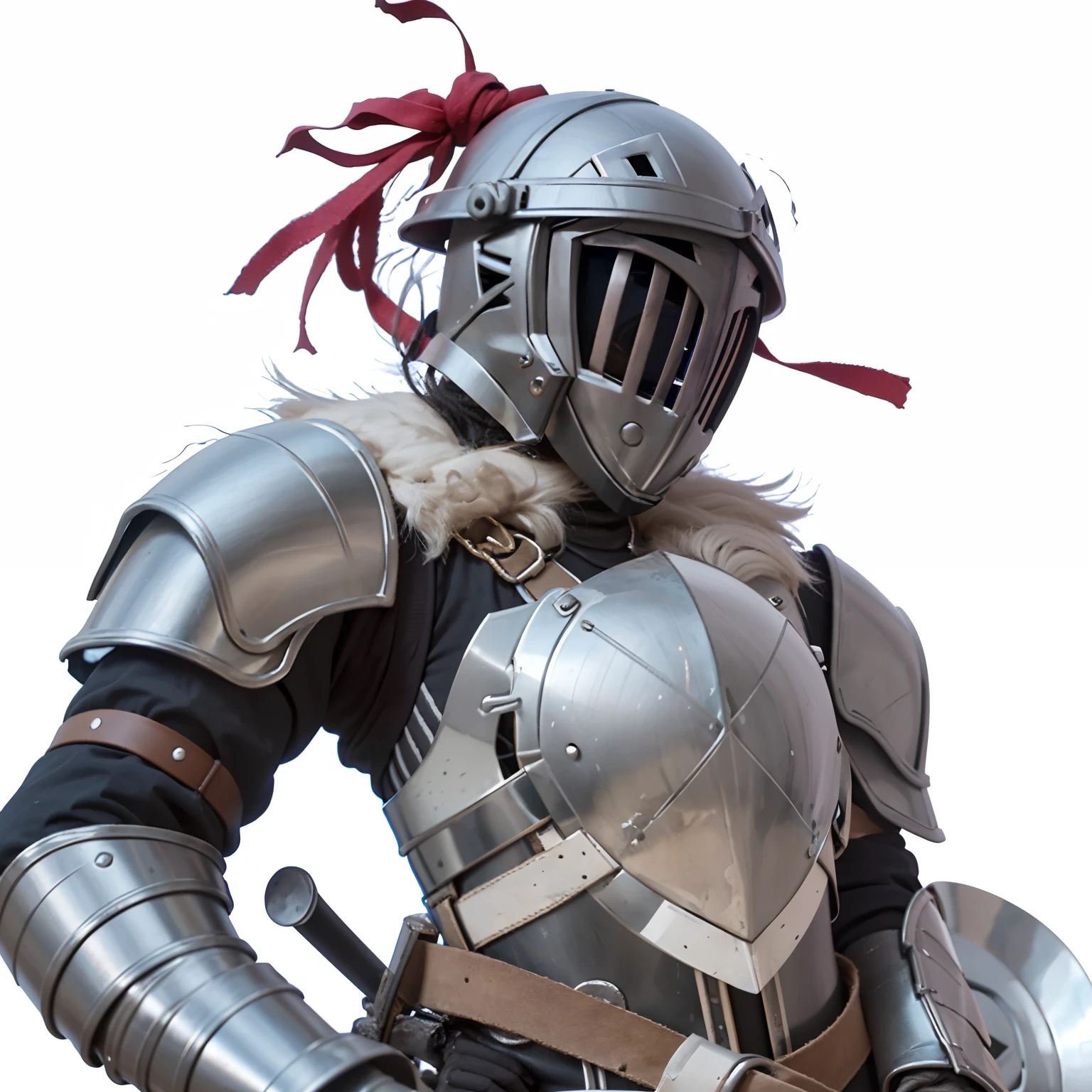 a close up of a person in armor with a sword, dirty plate iron armor, with scaly-looking armor, damaged plated armor, face of an armored helmet, with red cloth on top of helmet, with simple leather armor, with simple chain shirt, full plate armor, armor focus on face, composite armor, shoulder pads, breastplate, helmet, fur collar