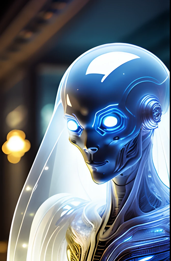 Van Terchall, A translucent ethereal alien，It has refined features in a sci-fi environment, glowing from within, Sparks and lights, Moonlight, Moon, Close-up, Realistic, Highly detailed, Intricate，Full body photo