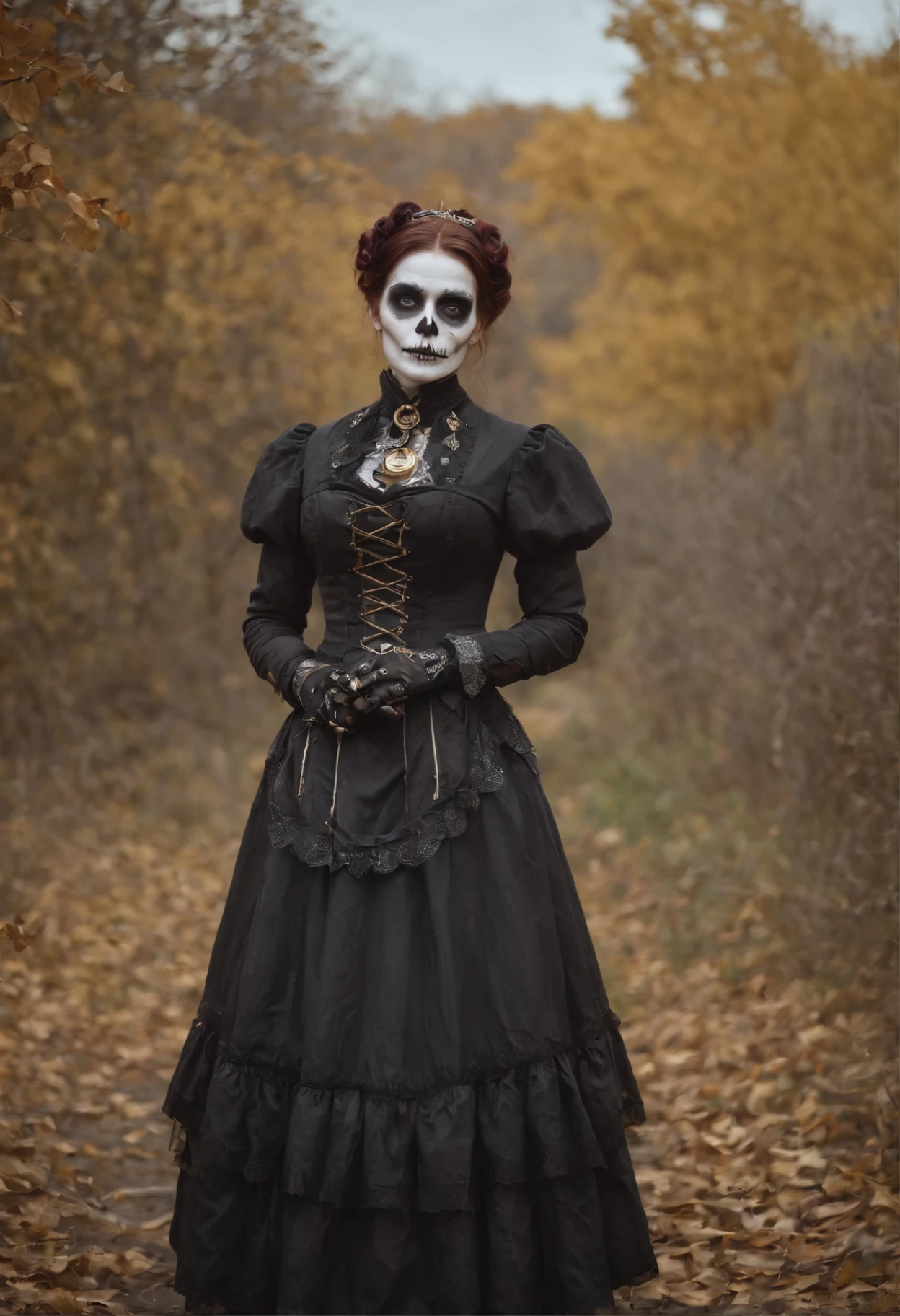 steampunc、Steampunk Body、Full body posture、skeletal、Machine body、Gear device、Karakuri doll、Industrial Revolution、Russian woman、drooing eyes、Short hairstyle、 fat girl、sulky face、skeletal、(((Halloween Makeup)))Autumn landscape、evening、Like the Addams Family、Nightmare