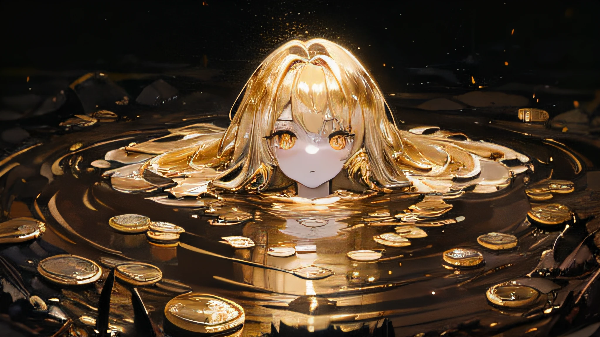 Molten gold,Gold bars,coin,Wear lots of gold accessories,1girll,Slime girl,Shiny skin,gold dust,Metal heart,liquid metal girl,Gold eyes,In the mud,mud ground,Buried in the ground,Upper body