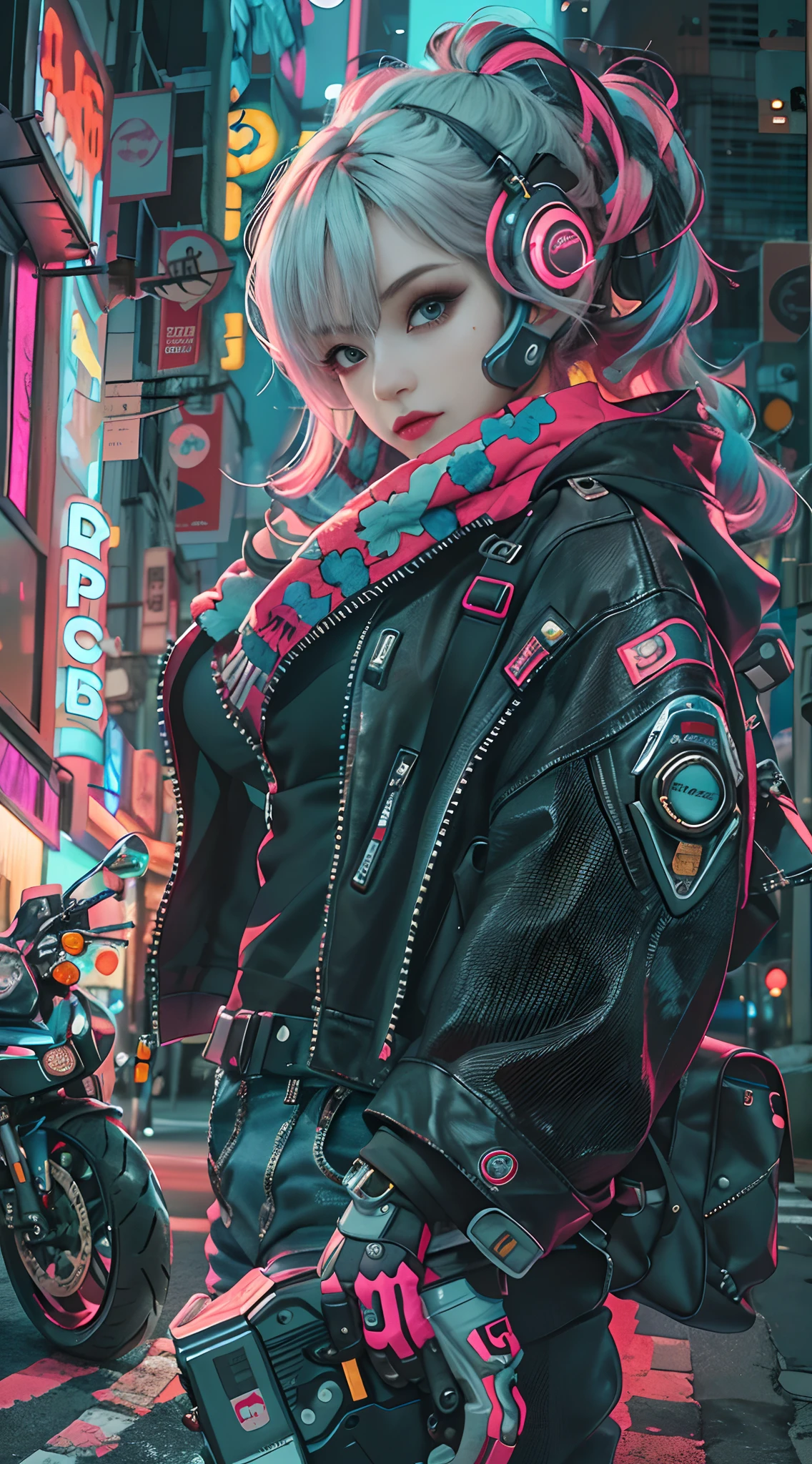 Cyber girl with headphones and a motorcycle in a city - SeaArt AI