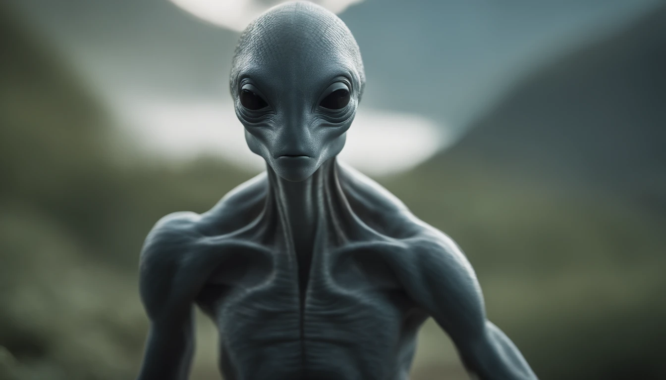 Ethereal humanoid alien creature with bluish-gray skin,中景 the scene is,cuerpo completo como,VFX surrealista altamente detallado 16K,OC renderizado,Camera shooting with 70mm - AR 16:9 --q 2 --s 1000. Cinnamatographic lighting, en el campo, se comunican con el espacio exterior y otros planetas, mira hacia el cielo, ojos grandes reflejan el paisaje opuesto, cinematiclight, Dramatic image photorealistic rendered at 16K, ser extraterrestre humanoide, noble, bueno, gentil, inteligente, NO son reptiles, retrato primer plano con alto nivel de detalle. Cuerpo delgado y estilizado humanoide, posturas esveltas, muy intelijentes, nobles y condescendientes, habituados a este planeta tierra