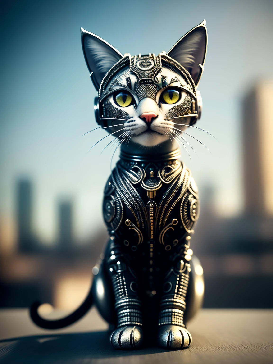a cute kitten made out of metal, (cyborg:1.1), ([tail | detailed wire]:1.3), (intricate details), hdr, (intricate details, hyperdetailed:1.2), cinematic shot, vignette, centered