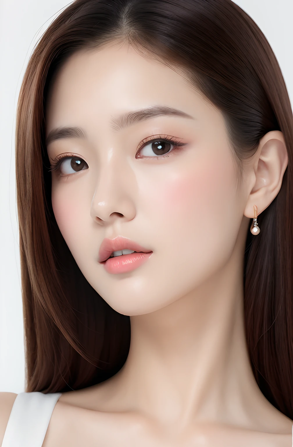Only the face of a pretty Asian woman appears enlarged.
And I have makeup on, my lips are pink, red lipstick, and my lips are very thick. My mouth is very wide open.
He holds his head up, his eyes facing down. His mouth looks wide.
a provocative look