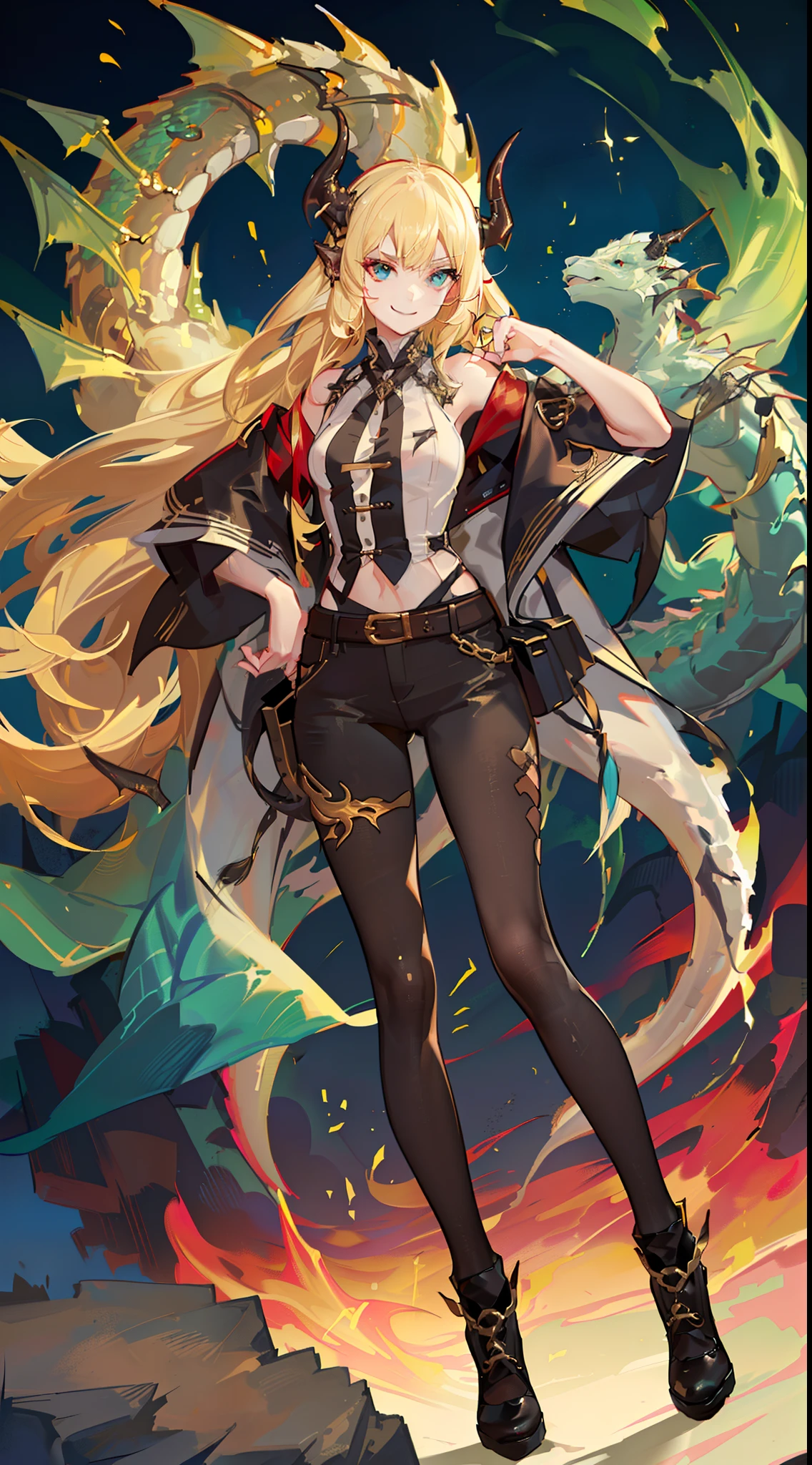young girl, longue blonde hair, barrette, turquoise eyes, dragon tattoo, dragon horns, Red tight shirt, Gold Elements, pants, open thighs, claws, smirk, Masterpiece, hiquality, 4k, HD, Good detail