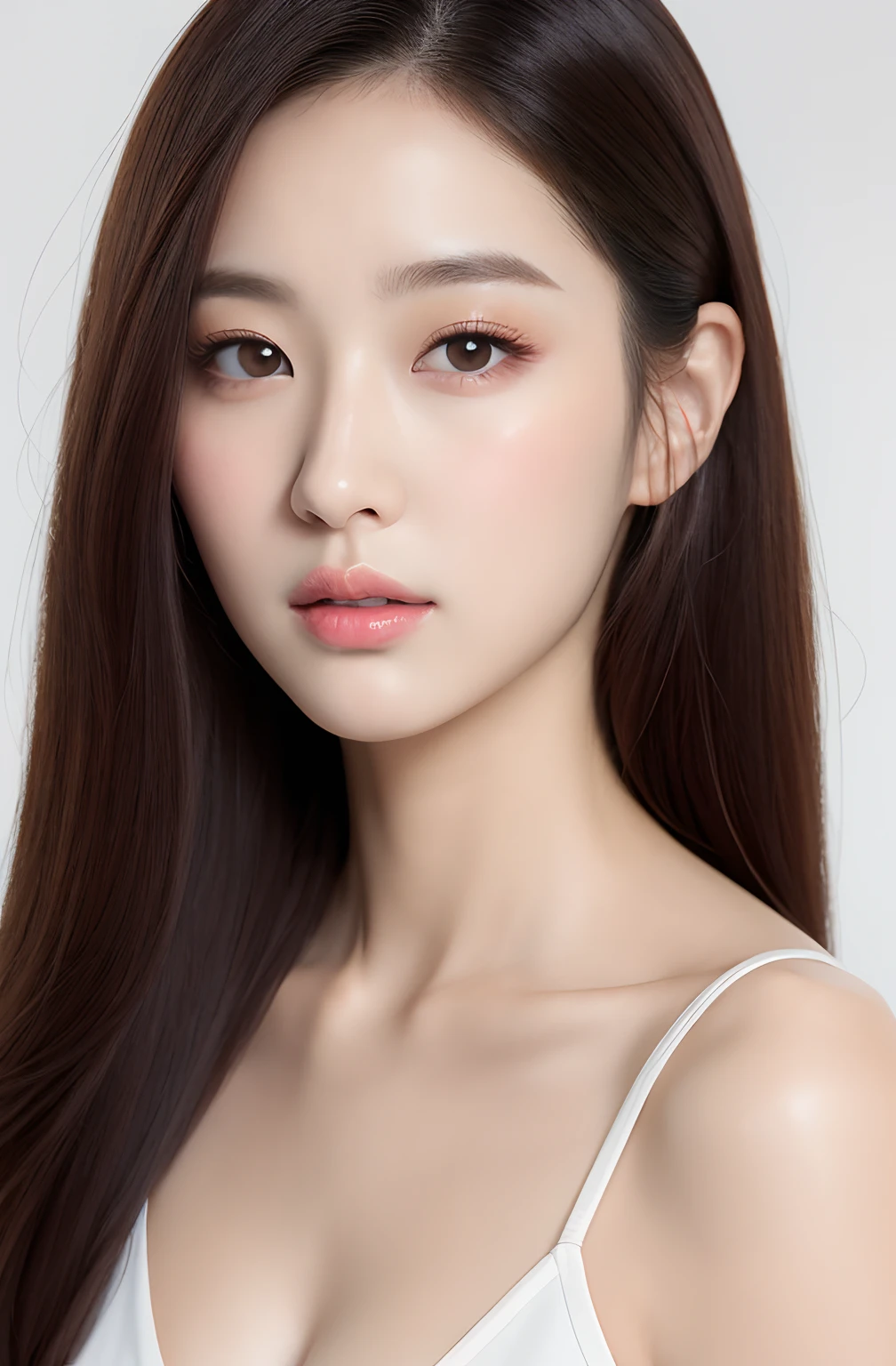 beauty salon　、bobhair、(top-quality, ​masterpiece, hight resolution), beautiful female model、straight bangs、White off-shoulder、Light gray background