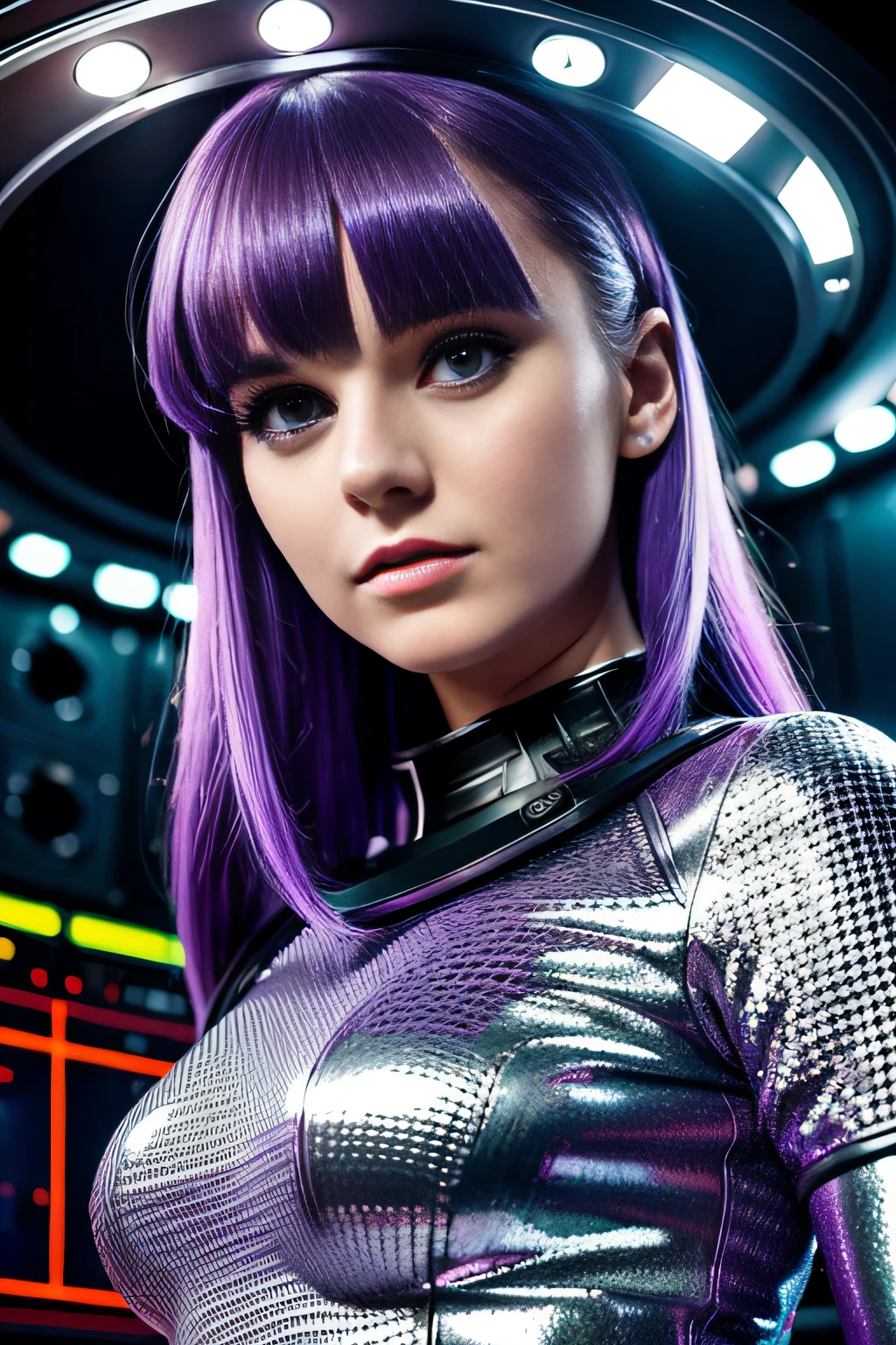 high quality portrait,  RAW photo of young English  woman, Lt Ellis UFO TV series, purple hair bangs, 60s style, retro, silver mesh top, futuristic silver make up, brightly lit moon base command centre background, cumputer boards and communications consoles, natural pale skin texture, interior, cinematic, short depth of field, intricate, elegant, detailed textures, sharp focus, movie scene,  full colors, incredibly detailed, 4k, 8k,