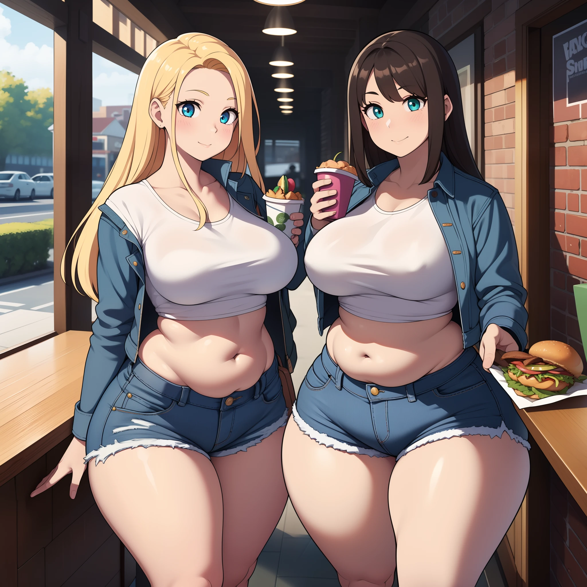 ((highres)), Masterpiece, high quality, best quality, beautiful, perfect lighting, detailed face, ultra cute face, ((2girls)), one girl has blonde hair, blue eyes, crop top and shorts skindentation, one girl has brown hair, green eyes, jeans, white shirt, jacket, (tight clothes), full body, fast food restaurant, medium breasts, perky breasts, ((wide hips)), ((thick thighs)), ((chubby)), fat folds, belly hang, standing next to each other,