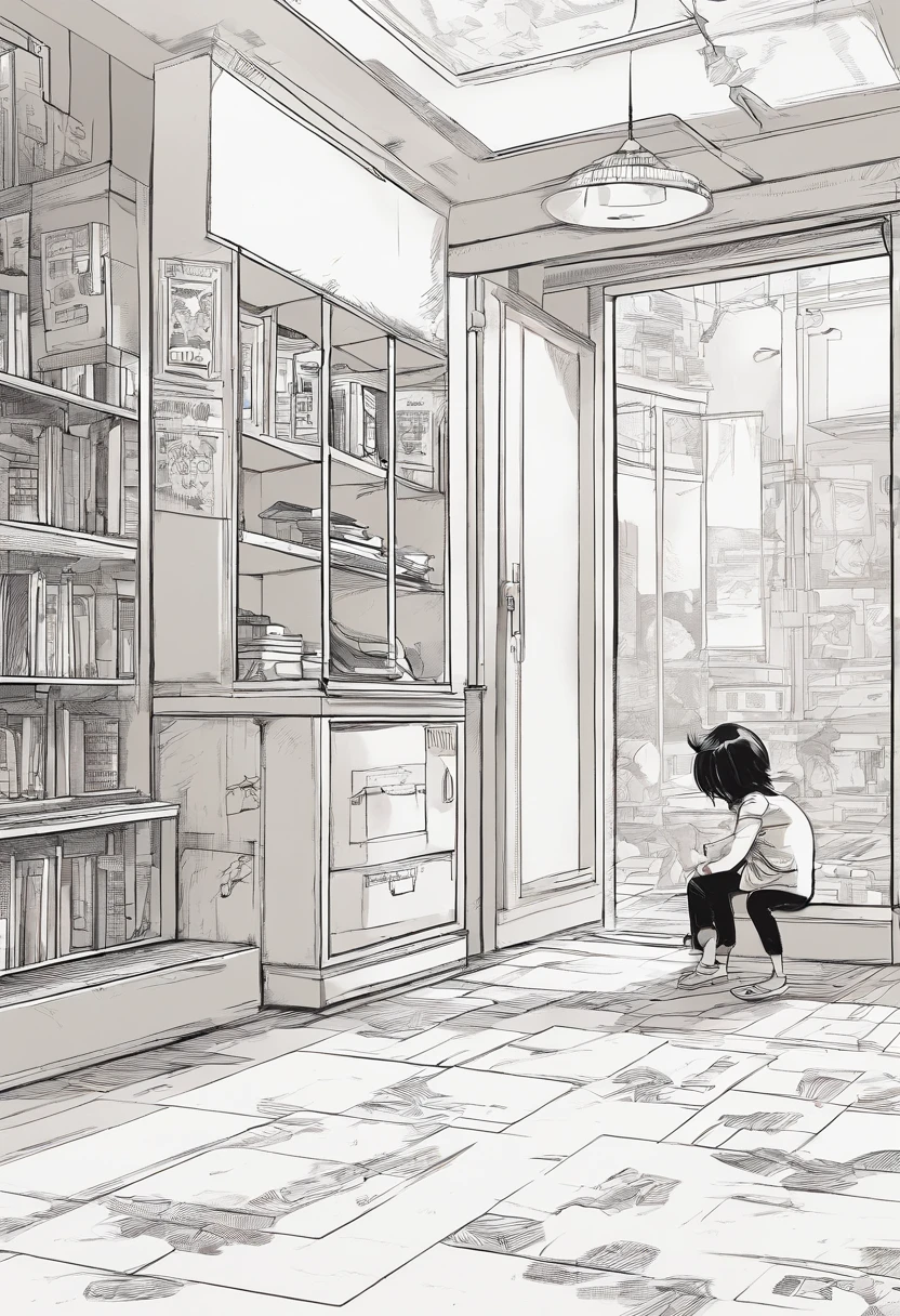 The boy sat up from the ground，Looking at a little girl with long black hair standing in the empty room，A puzzled expression appeared