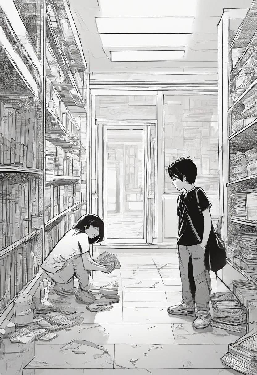 The boy sat up from the ground,Looking at a little girl with long black hair standing in the empty room,A puzzled expression appeared