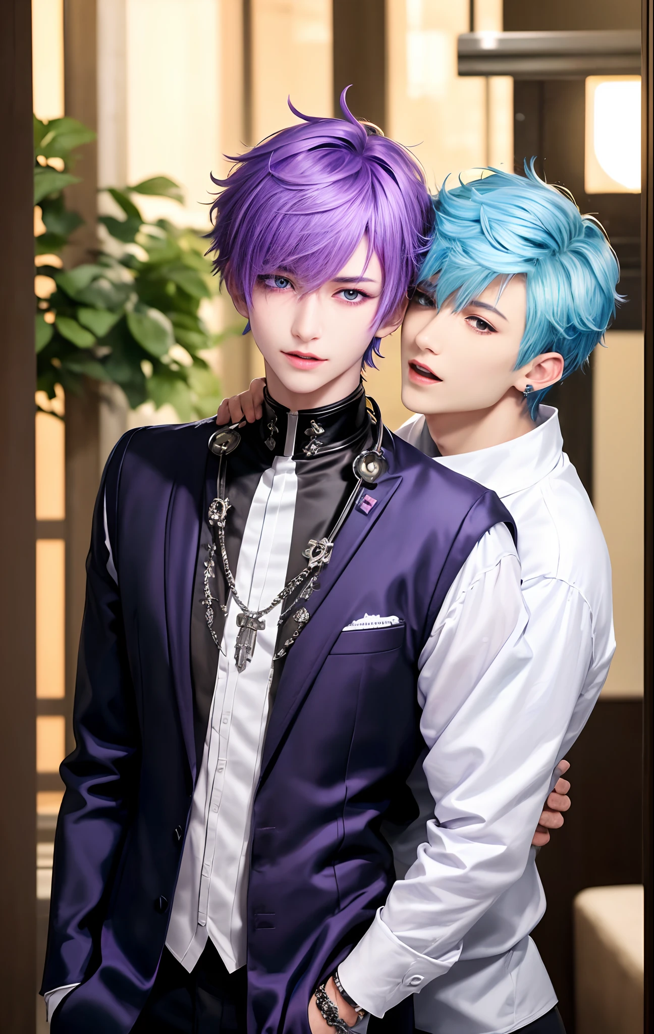 masterpiece, top-quality, 2Others, Male couple, 1 man and 1,, Adults, Height difference, different fashion, different color, finely eye and detailed face, intricate detailes, Casual clothing, window, A smile, Happiness, tenderness, queers, Boys Love, high-level image quality、 selfee, Two beautiful men、tall、The upper part of the body、nightfall、nighttime scene、𝓡𝓸𝓶𝓪𝓷𝓽𝓲𝓬、Korean Male, Idol Photos, k pop, Professional Photos, Vampires, Korean fashion in black and white, Fedoman with necklace, inspired by Sim Sa-jeong, androgynous vampire, :9 detailed face: 8, extra detailed face, detailed punk hair, ((eyes are brown)) baggy eyes, Seductive. Highly detailed, semi realistic anime, Vampires, hyperrealistic , delicate androgynous prince, imvu, short hair above the ears, Man with short hair, With a purple-haired man with a wild expression, Man with light blue hair with gentle expression, ((With a short-haired man with bright purple hair)), ((Man with light blue hair))