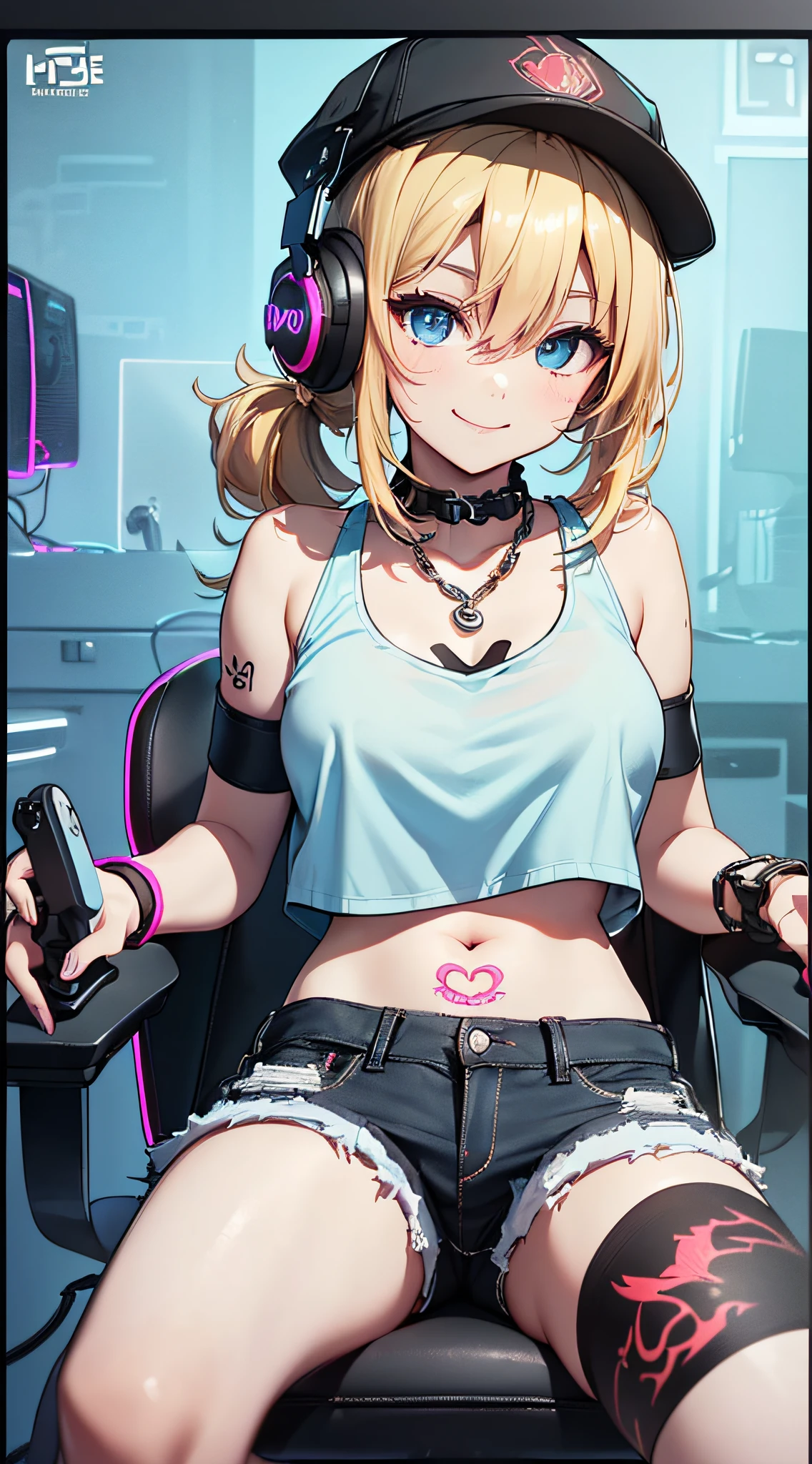 top-quality、Top image quality、​masterpiece、girl with((18year old、Cool hat、Tattoo of the heart symbol on the right shoulder、Black Navel Tank Top、White shorts、Best Bust、Bust 85、a blond、poneyTail、Blue eyes、open chest wide、Happiness、Chain Accessories、Black wristband on wrist、sit a chair、A slender、a smile、Have a controller、Slouched)）hiquality、visualart、Background with((Neon colored room、Gaming PC、Gaming Desk、Gaming Chair、Gaming bed、gaming console))、masutepiece、Depth(lightning bolt)