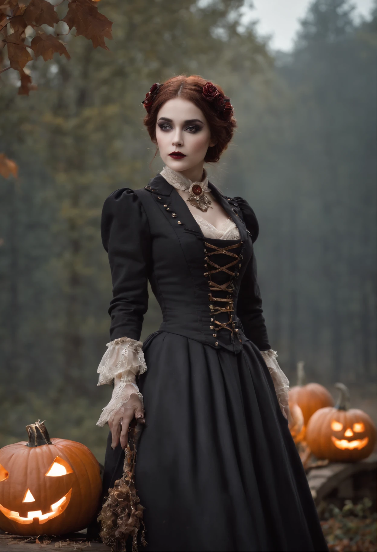 steampunc、Steampunk Body、Full body posture、skeletal、Machine body、Gear device、Karakuri doll、Industrial Revolution、Russian woman、drooing eyes、Short hairstyle、Little fat girl、sulky face、skeletal、(((Halloween Makeup)))Autumn landscape、evening、Like the Addams Family、Nightmare、Cemetery、Crescent Night、the bats、creepy atmosphera、Pumpkin glows