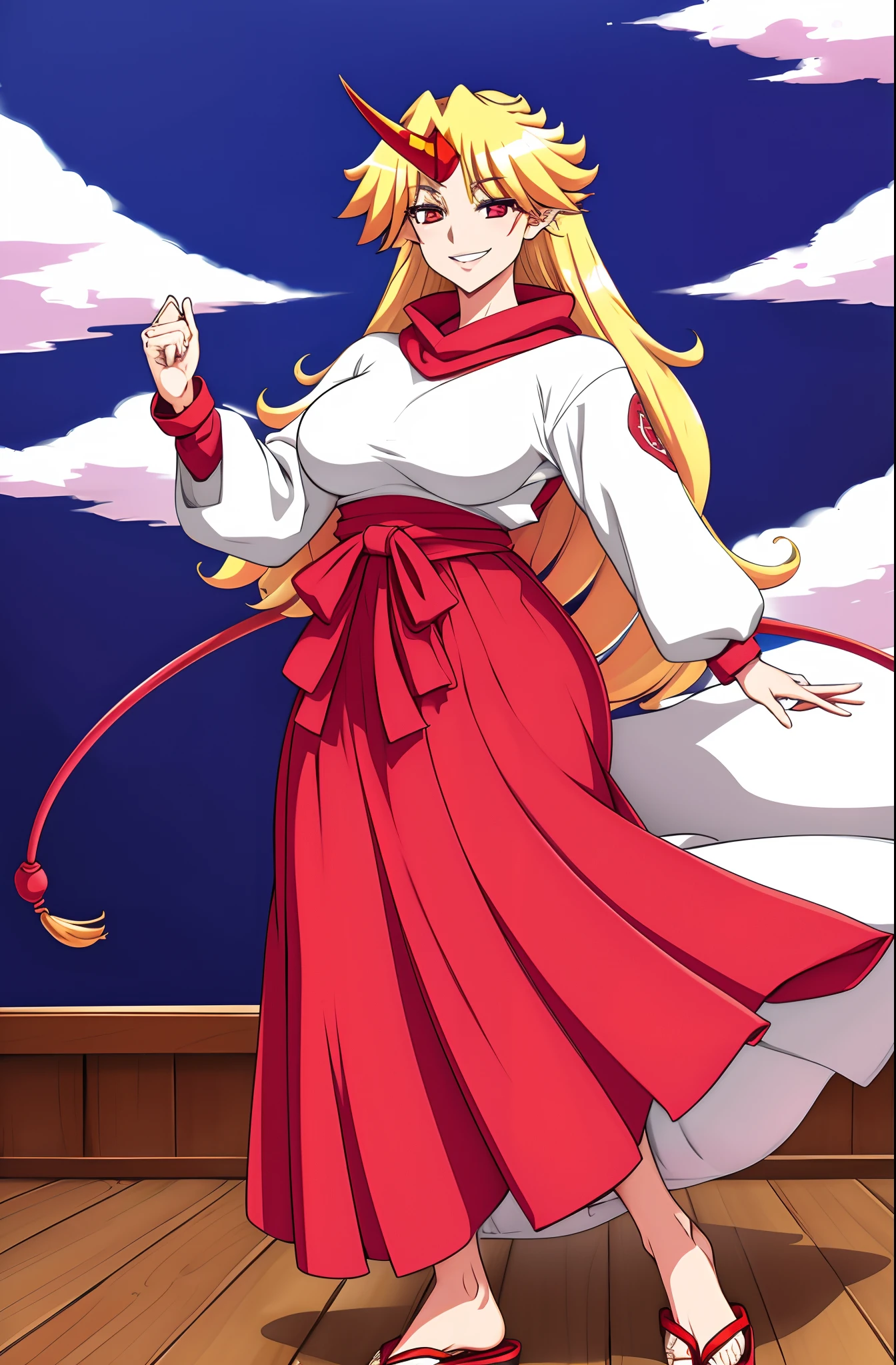 hoshiguma yuugi,medium breast , large skirt, traditional german clothing, bloon hair, red eyes, single horn,oni, closed pullover,long skirt,full body, standing, smile, flipflops