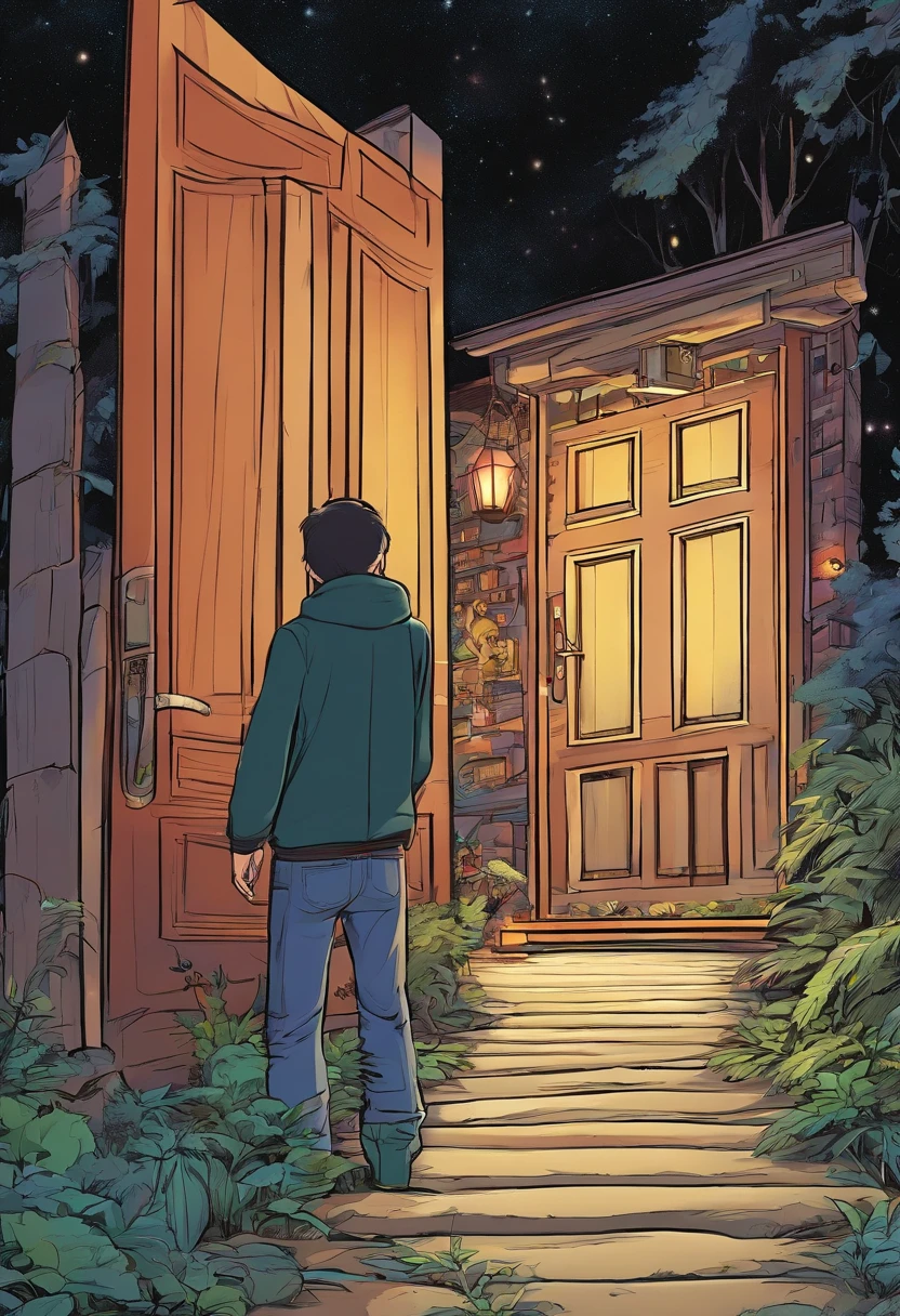The boy groped his way forward in the dark，After pushing open the door of the room, I saw a forest，There is also a chalet in the distance