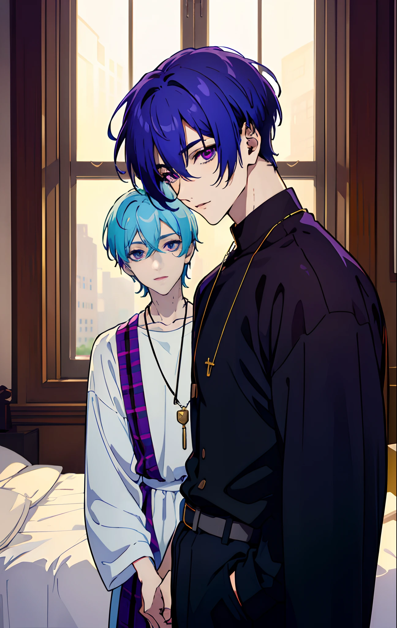 masterpiece, top-quality, 2Others, Male couple, 1 man and 1,, Adults, Height difference, different fashion, different color, finely eye and detailed face, intricate detailes, Casual clothing, window, A smile, Happiness, tenderness, queers, Boys Love, high-level image quality、 selfee, Two beautiful men、tall、The upper part of the body、nightfall、nighttime scene、𝓡𝓸𝓶𝓪𝓷𝓽𝓲𝓬、Korean Male, Idol Photos, k pop, Professional Photos, Vampires, Korean fashion in black and white, Fedoman with necklace, inspired by Sim Sa-jeong, androgynous vampire, :9 detailed face: 8, extra detailed face, detailed punk hair, ((eyes are brown)) baggy eyes, Seductive. Highly detailed, semi realistic anime, Vampires, hyperrealistic , delicate androgynous prince, imvu, short hair above the ears, Man with short hair, With a purple-haired man with a wild expression, Man with light blue hair with gentle expression, ((With a short-haired man with bright purple hair)), ((Man with light blue hair))