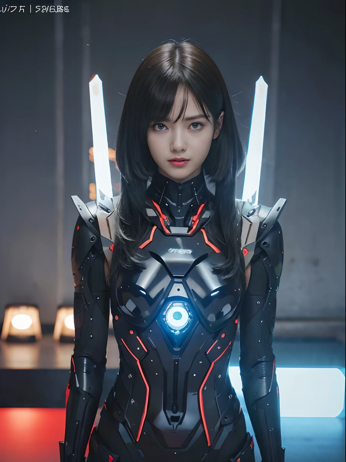 （Fight against mechanical robot soldiers）、top-quality、​masterpiece、超A high resolution、(Futuristic machine gun、holding knive),（Wearing a futuristic sun visor）、(Photorealsitic:1.4)、Raw photo、女の子1人、Black hair、glowy skin、((1 Mechanical Girl))、((super realistic details))、portlate、（Small LED lamp）、Wire tubes that glow all over the body、(With state-of-the-art weapons),globalillumination、Shadow、octan render、8K、Armpit、ultrasharp、Colossal tits、Small LED lamp、Raw skin is exposed in cleavage、metals、blood vessels connected to tubes、With weapons、Red bodysuit、Armpit、Cyberpunk city background、Details of complex ornaments、Japan details、highly intricate detail、Realistic light、CGSoation Trends、Blue eyes、radiant eyes、Facing the camera、neon details、（Helmet of the Brave）、Mechanical limbs、blood vessels connected to tubes、Mechanical vertebrae attached to the back、mechanical cervical attaching to neck、Wires and cables connecting to the head、Gundam、Small LED lamp、Toostock、Toostock、Futuristic machine gun、Knives、