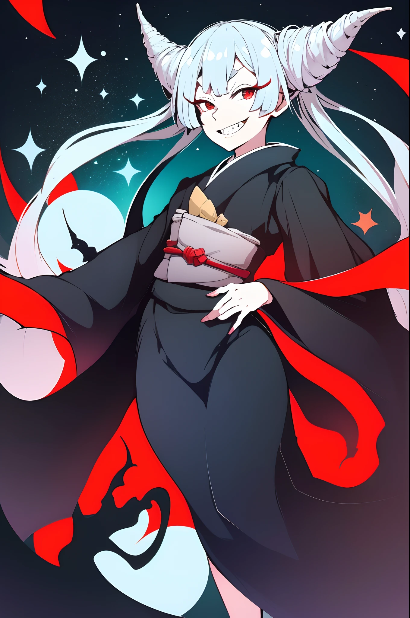 Urara ayashimon, silver hair, horns hair, red eyes, ****, black kimono, sharpteeth, smug, smile, full body, flipflops