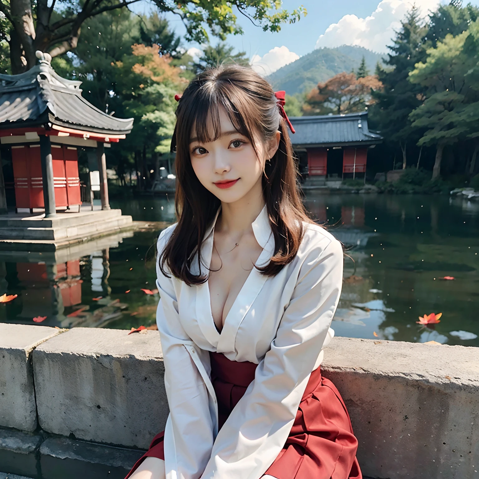 Woman in red skirt and white shirt is taking pictures, japanese girl school uniform, hakama kimono, Japan school uniform, Collar white and red, A Japanese style, Red kimono, Japanese style, traditional japanese, Wearing Hakama, japanese kimono,Outdoor background,The background is a shrine，Autumn leaves in the background ，No bra，feet visible ，You can see the valley ，cleavage of the breast ，Furisode ，Wide sleeves ，Wearing a priestess uniform ，Chest revealed ，The chest is visible ，japanes ，Natural smile ，wide open legs ，opening legs