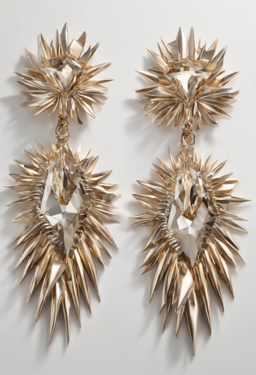a pair of chromed spiked edgy y2k tribal jewels on white background, in the style of trompe-l'oeil folds, light brown and gold, radiant clusters, theatrical gestures, recycled, tooth wu, contrasting