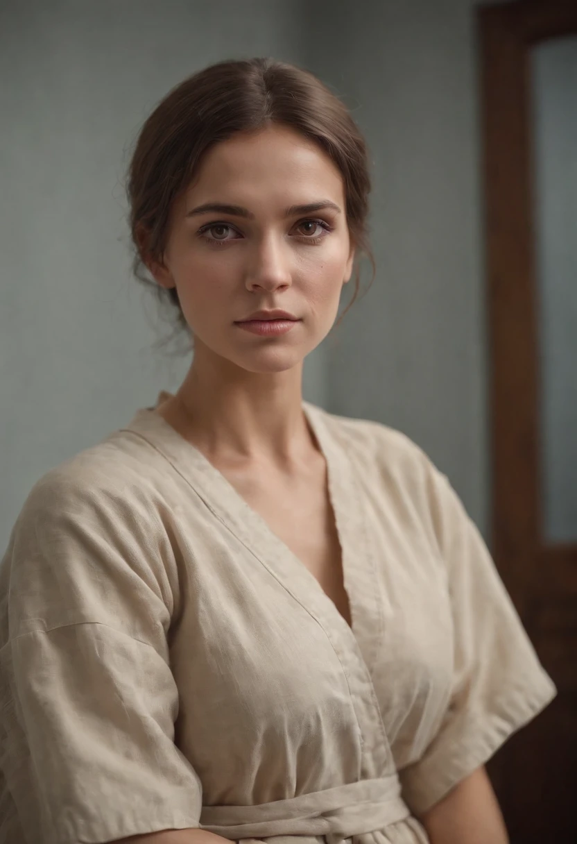 prehistoric hunter-gatherer woman, 30-year-old, tan-skinned, in the asylum bed, hospital gown, short blonde brown hair, big yellow eyes, cute woman, blood, asylum aesthetician, darkness, photograph, Vibrant, Ultra High Definition, Stunningly Photorealistic Image