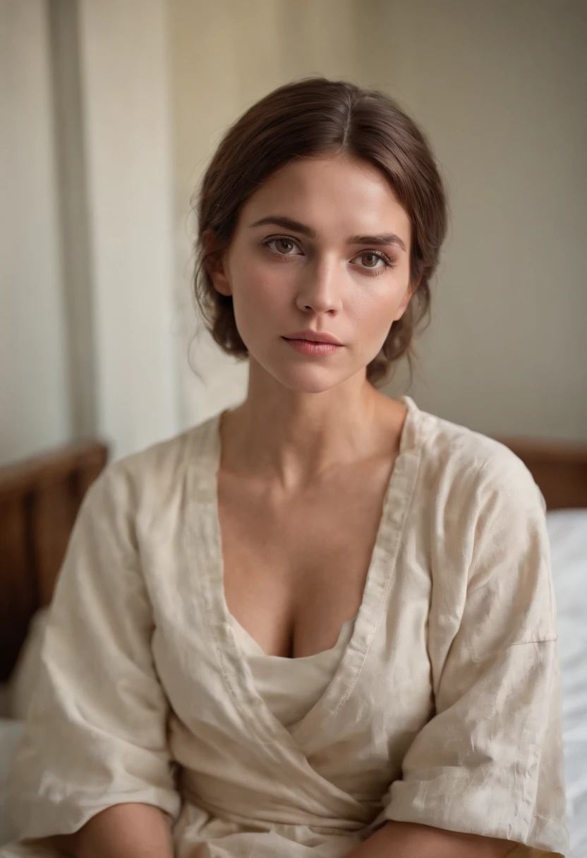 prehistoric hunter-gatherer woman, 30-year-old, tan-skinned, in the asylum bed, hospital gown, short blonde brown hair, big yellow eyes, cute woman, blood, asylum aesthetician, darkness, photograph, Vibrant, Ultra High Definition, Stunningly Photorealistic Image
