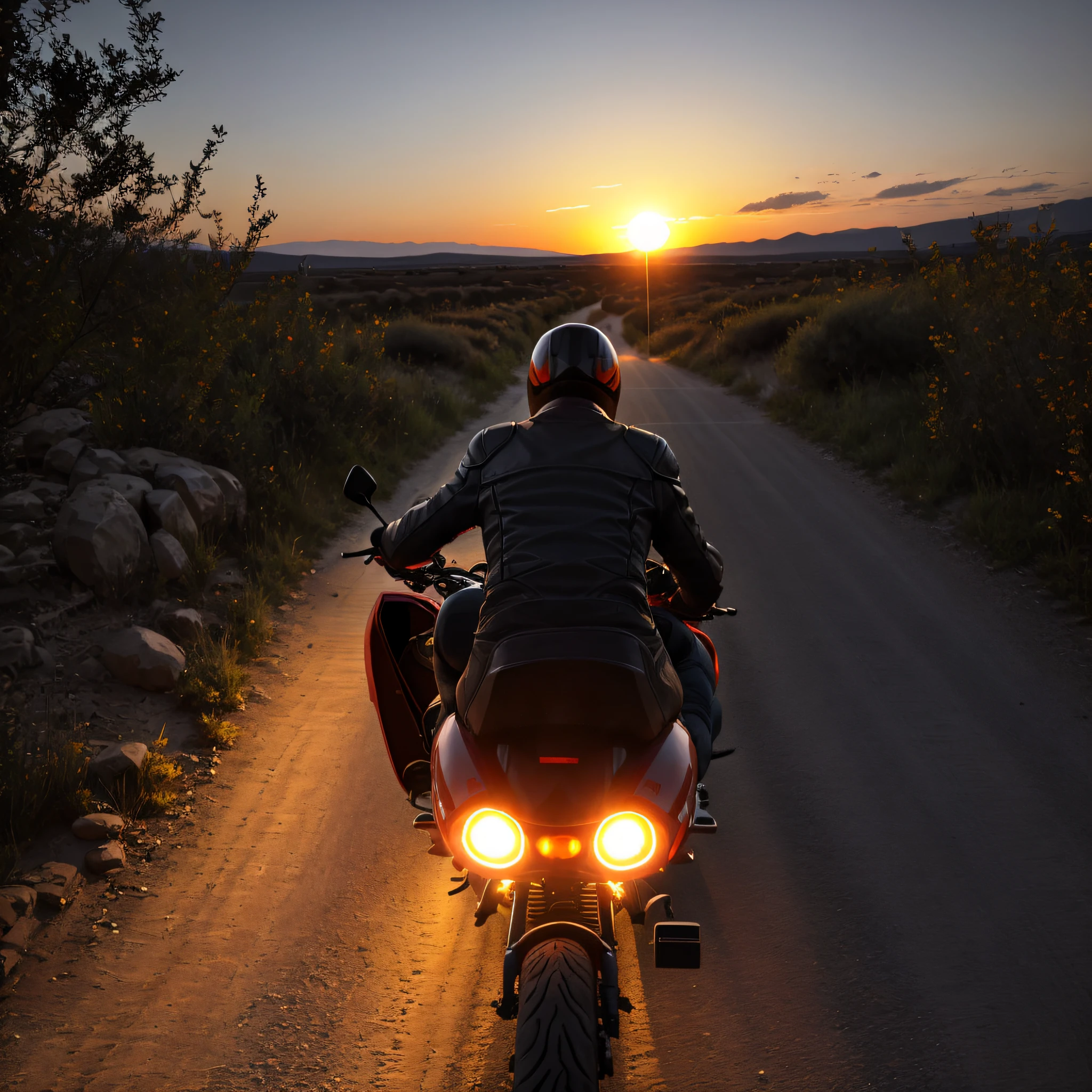 Au coucher du soleil, PBLV conduit sa moto, vibrant LED lights illuminating the path to follow. What challenges await him in this nocturnal journey?