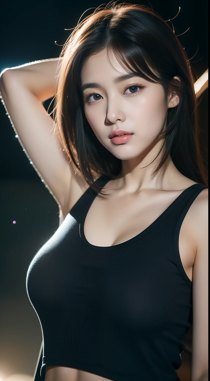 Realistic photo of 1 cute Korean star, Medium hair, Hair flying, White skin, thin makeup, 32 inch breast size, wearing a black tank top, At the camp, Night, Close-up portrait, hyper HD