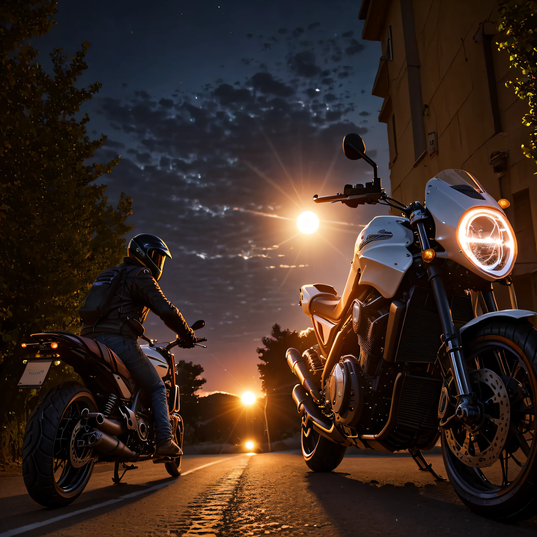 Au coucher du soleil, PBLV conduit sa moto, vibrant LED lights illuminating the path to follow. What challenges await him in this nocturnal journey?