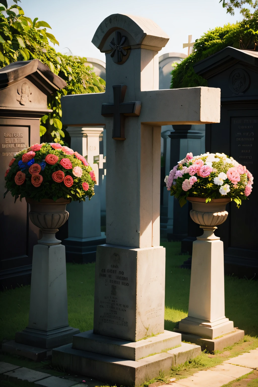 Vases with flowers on next to a cross in a simple tomb of a cemetery in Brazil