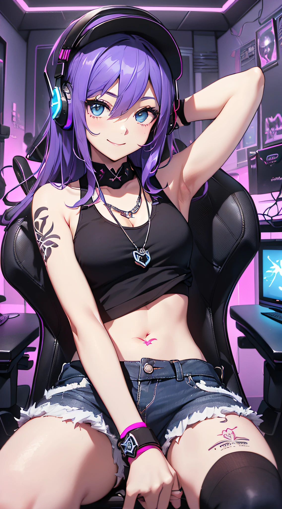 top-quality、Top image quality、masterpiece、girl with((18year old、Cool hat、Tattoo of the heart symbol on the right shoulder、Black Navel Tank Top、White shorts、Best Bust、Bust 85、Purple hair、Longhaire、Blue eyes、open chest wide、Happiness、Chain Accessories、Black wristband on wrist、sit a chair、A slender、A smile、Have a controller、Slouched、Gaming headphones、income))hiquality、visualart、Background with((Neon colored room、Gaming PC、Gaming Desk、Gaming Chair、Gaming bed、gaming console))、masutepiece、Depth(lightning bolt)