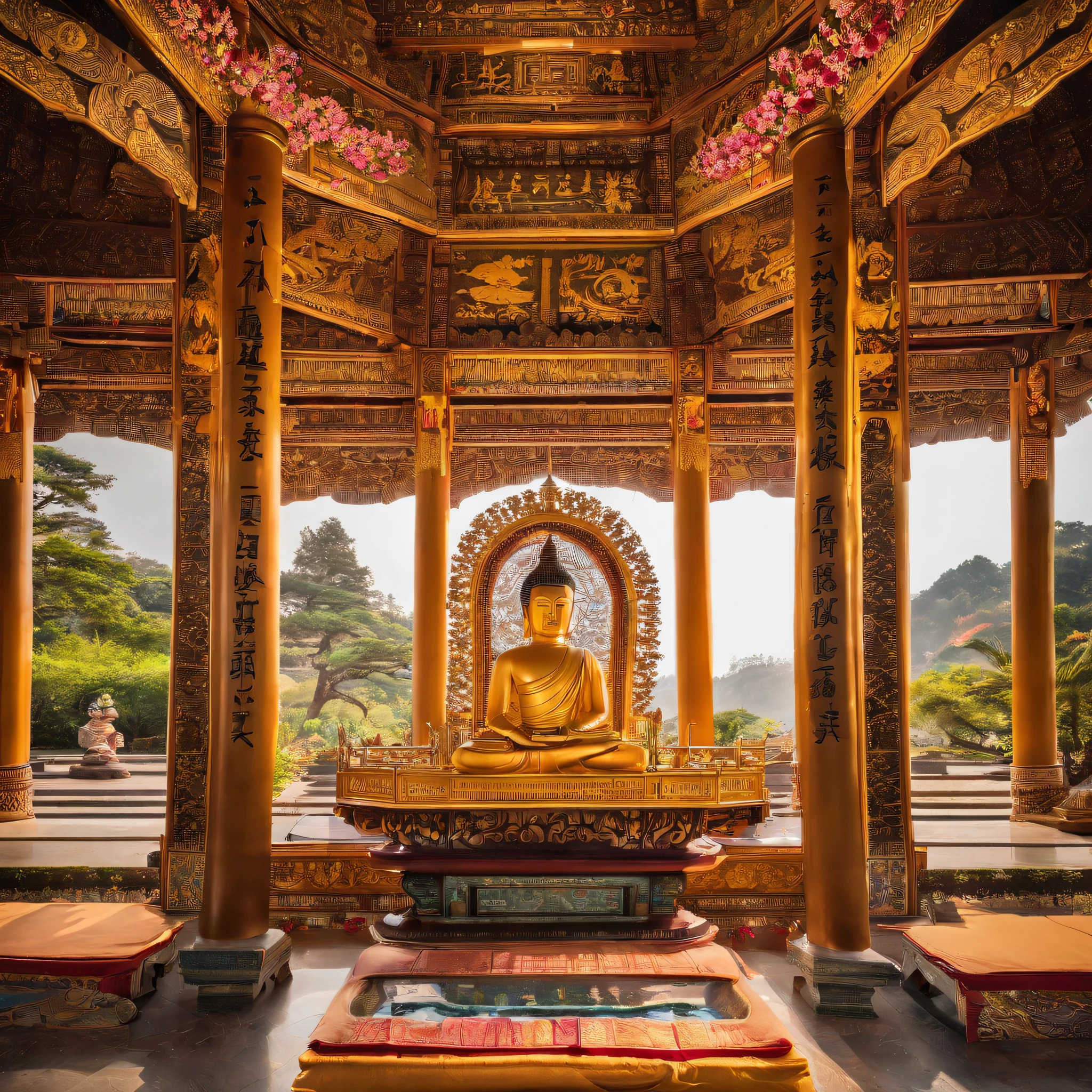 ,masterpiece, best quality,8k, ultra highres,Inside a tranquil stupa,Reflecting the faint morning light。A huge Buddha statue towers high in the center of the hall,It is carved to life,Every detail has been carefully carved by the artist。The Buddha statue sits solemnly on a lotus seat,An atmosphere of holiness pervades it。The sunlight coming in from the top window casts dappled light and shadow,The whole hall is illuminated in peace。
The Buddha statue is dignified,The striking detail makes it seem real and dynamic。Buddha's eyes were bright and shining,It seems to be able to see through the troubles of the world。The meticulous hand carvings reveal the texture of the fingertips and the serene posture,Exudes a sense of detached meditation。The golden robe shimmered softly against the light,It was as if it were a splendor from heaven。
Around the temple gathered a group of devout believers,They came in awe to worship the Buddha statue,Kneel on the ground and meditate on the scriptures。Their figures are shrouded in a warm glow,The outline is clearly visible。The walls of the hall are covered with colorful prayer flags,Sway gently with the breeze,It adds a mysterious and grand atmosphere to the entire space。
