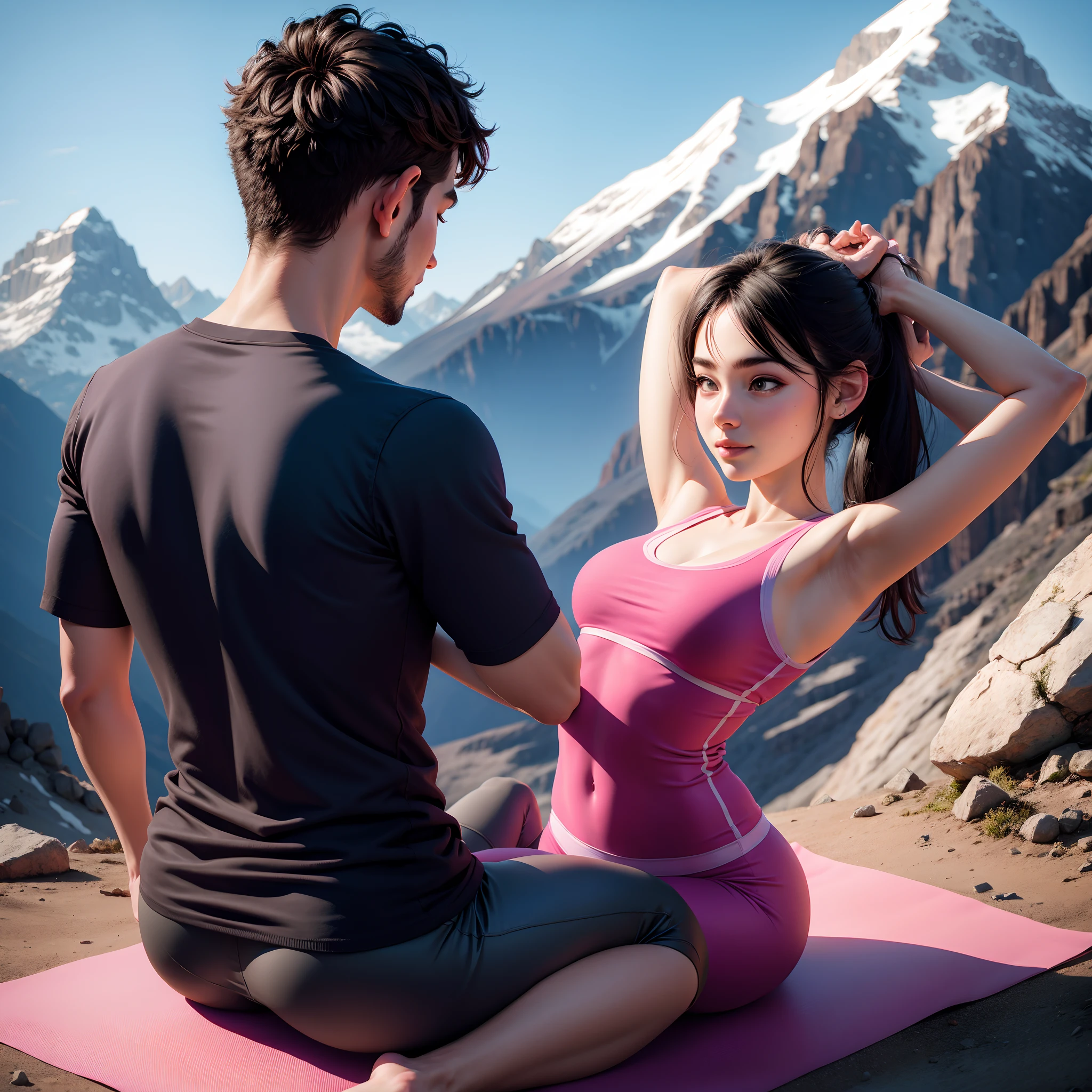 Couple doing yoga on the mountain