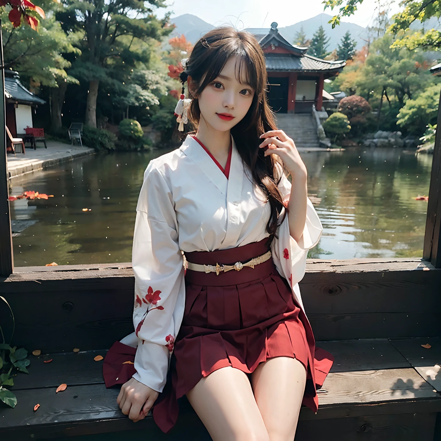 Woman in red skirt and white shirt is taking pictures, japanese girl school uniform, hakama kimono, Japan school uniform, Collar white and red, A Japanese style, Red kimono, Japanese style, traditional japanese, Wearing Hakama, japanese kimono,Autumn leaves in the background,Autumn outdoors background,No bra,feet visible ,You can see the valley ,cleavage of the breast ,Furisode ,Wide sleeves ,Wearing a priestess uniform ,shoulders can be seen ,Shoulder skin is visible ,Shoulders exposed