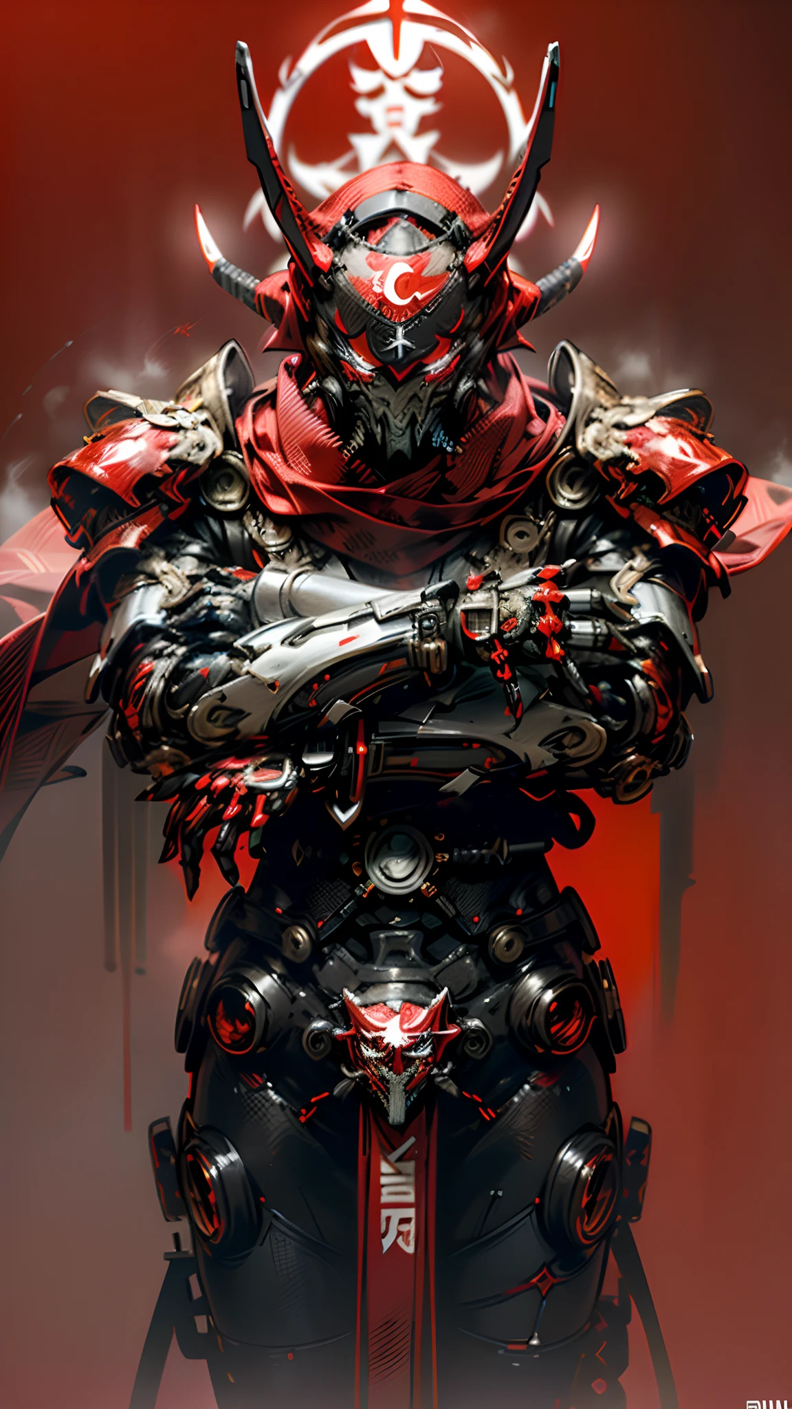 Dark_fantasy,((cyberpunk)),((1male)),((assassin)),((Cybernetic_Shogun_mask)), ((iron_samurai_armour)), ((scarlet_red_((scarf)), 8k, 64k, HD, cinematic, ((perfect_hands)) detailed, red_and_white, epic, dynamic_lighting bright((glowing))_red_eyes, ((scarlet_red_((background))))
