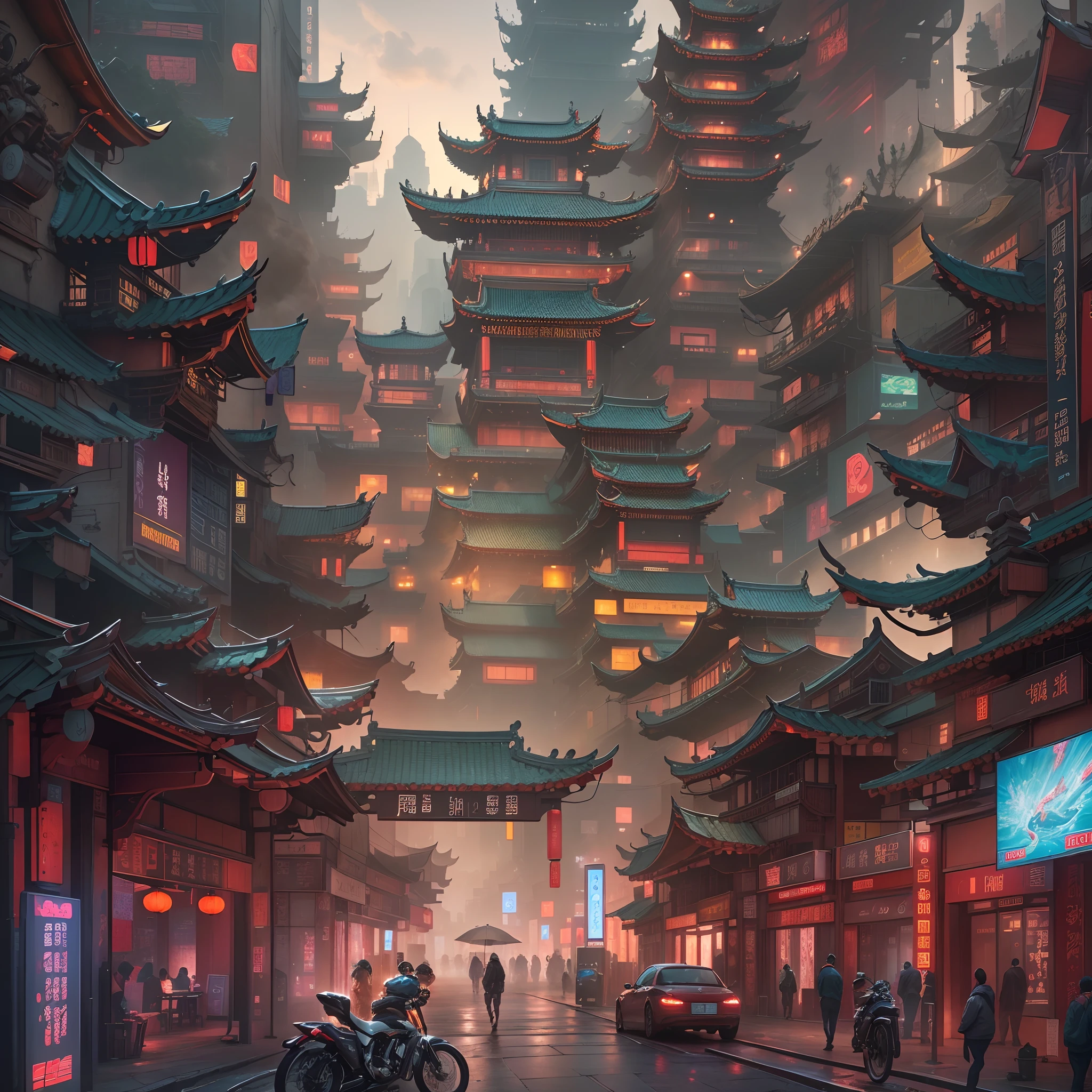 (Best quality,4K,8K,A high resolution,Masterpiece:1.2),Ultra-detailed,(Realistic,Photorealistic,photo-realistic:1.37),(Wide-angle lens),hdr,hyper HD,Ultra-fine painting,Sharp focus,Physically-based rendering,Extreme detail description,professional,Vivid colors,(A city where traditional Chinese elements and futuristic technological architecture are harmoniously integrated),Traditional Chinese symbols integrated into modern architecture,holographic projections,Traditional Chinese patterns,Innovative energy,Giant LED screens blend into the cityscape,Innovative transport systems,Cyberpunk elements blend seamlessly into the cityscape,High-tech large-scale art installation,A fusion of ancient tradition and cutting-edge technology,