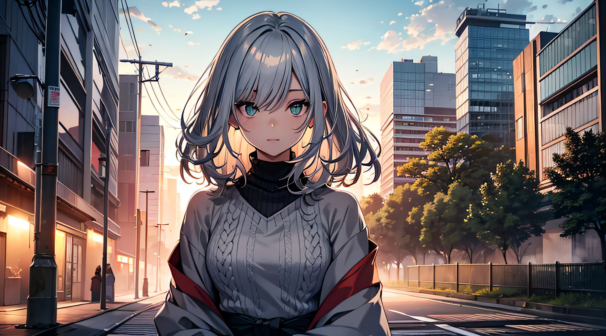 japan, high resolution, highest quality, illustration, ultra detailed, (detailed face), (detailed eyes), soft lighting, best quality, misty glow, dreamy atmosphere, hyper detailed, masterpiece, 1 girl, solo, silver hair, green eyes, knitwear, bright eyes, medium chest, (colored), cowboy shot, outdoors, evening, clouds, high rise buildings in background, industrial, public transportation, urban, buildings concrete, concrete, sidewalk, busy, trees, autumn, falling leaves,