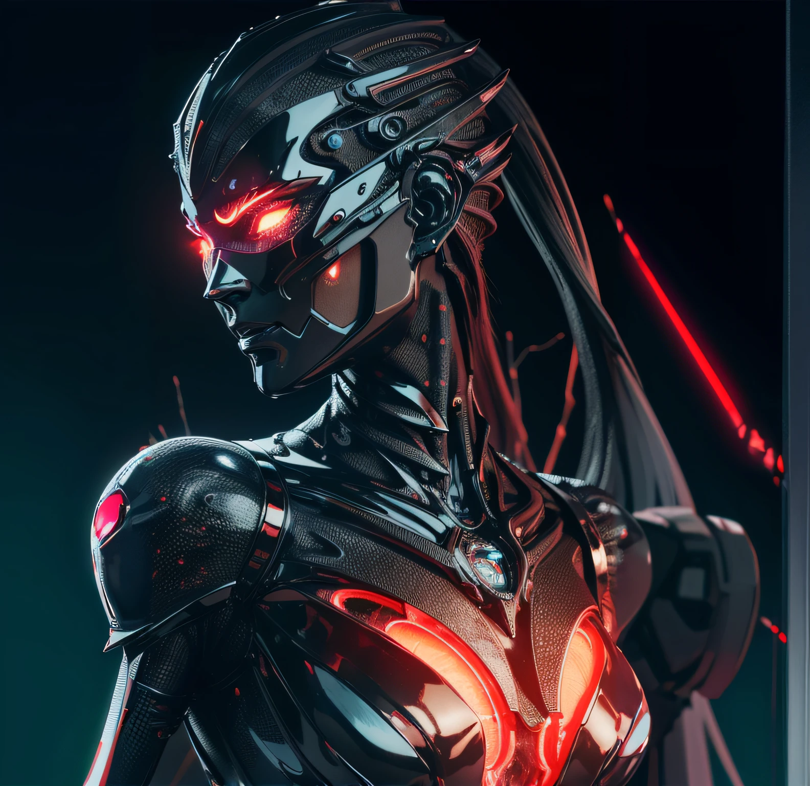 a close up of a robot with glowing eyes and a red light, beutiful girl cyborg, portrait of a cyborg queen, cyborg girl, detailed portrait of a cyborg, beautiful female cyborg, angry female cyborg, beautiful alluring female cyborg, perfect anime cyborg woman, cyborg woman, beautiful cyborg girl, cyborg - girl, cyborg portrait, beautiful cyborg priestess