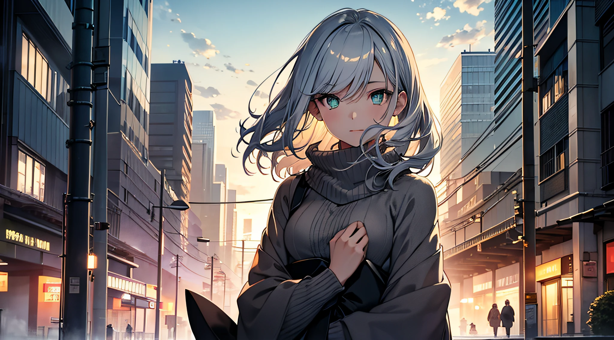 japan, high resolution, highest quality, illustration, ultra detailed, (detailed face), (detailed eyes), soft lighting, best quality, misty glow, dreamy atmosphere, hyper detailed, masterpiece, 1 girl, solo, silver hair, green eyes, knitwear, bright eyes, medium chest, (colored), cowboy shot, outdoors, evening, clouds, high rise buildings in background, industrial, public transportation, urban, buildings concrete, concrete, sidewalk, busy, trees, autumn, falling leaves,