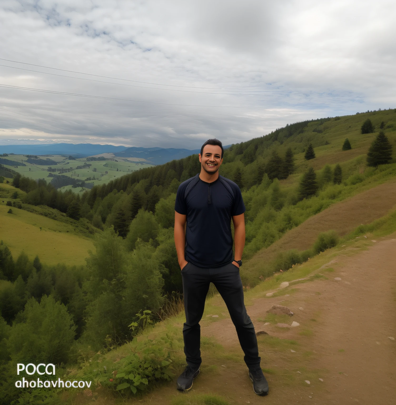 arafed man standing on a hill with a view of a valley, with mountains in the background, standing in front of a mountain, in front of a forest background, with mountains in background, moutain in background, hills in the background, forrest in background, standing on mountain, some mountains in the background, forrest in the background, with mountains in the distance